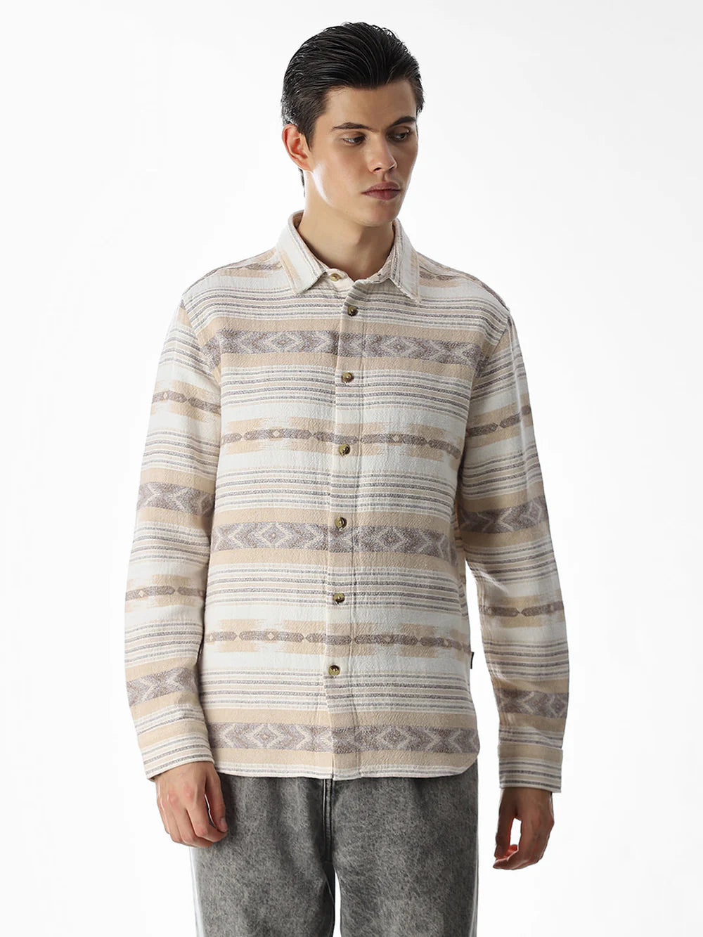 BEIGE PRINTED JACQUARD COTTON SHIRT
