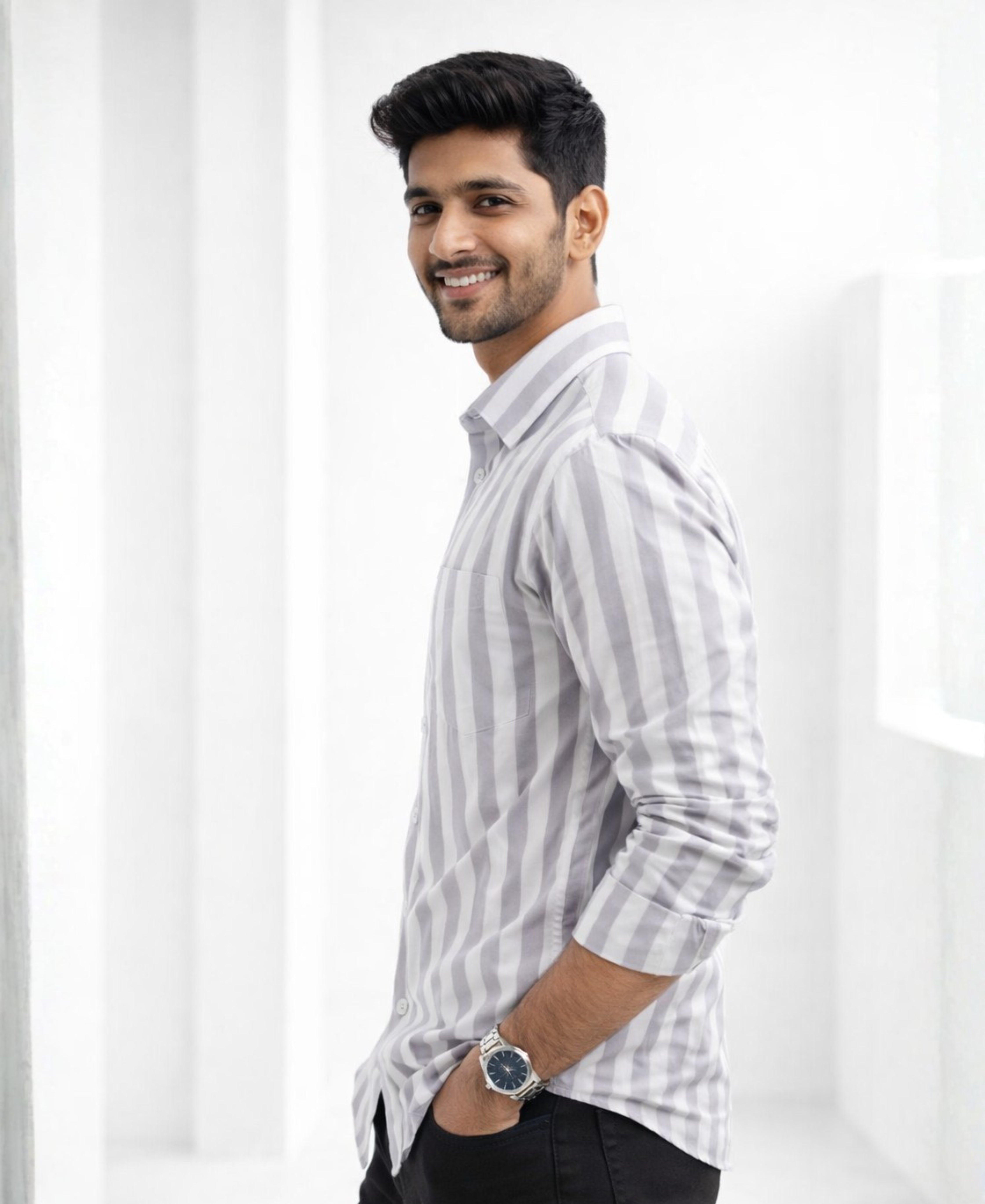 Lightweight Gray & White Cotton Striped Shirt for Men