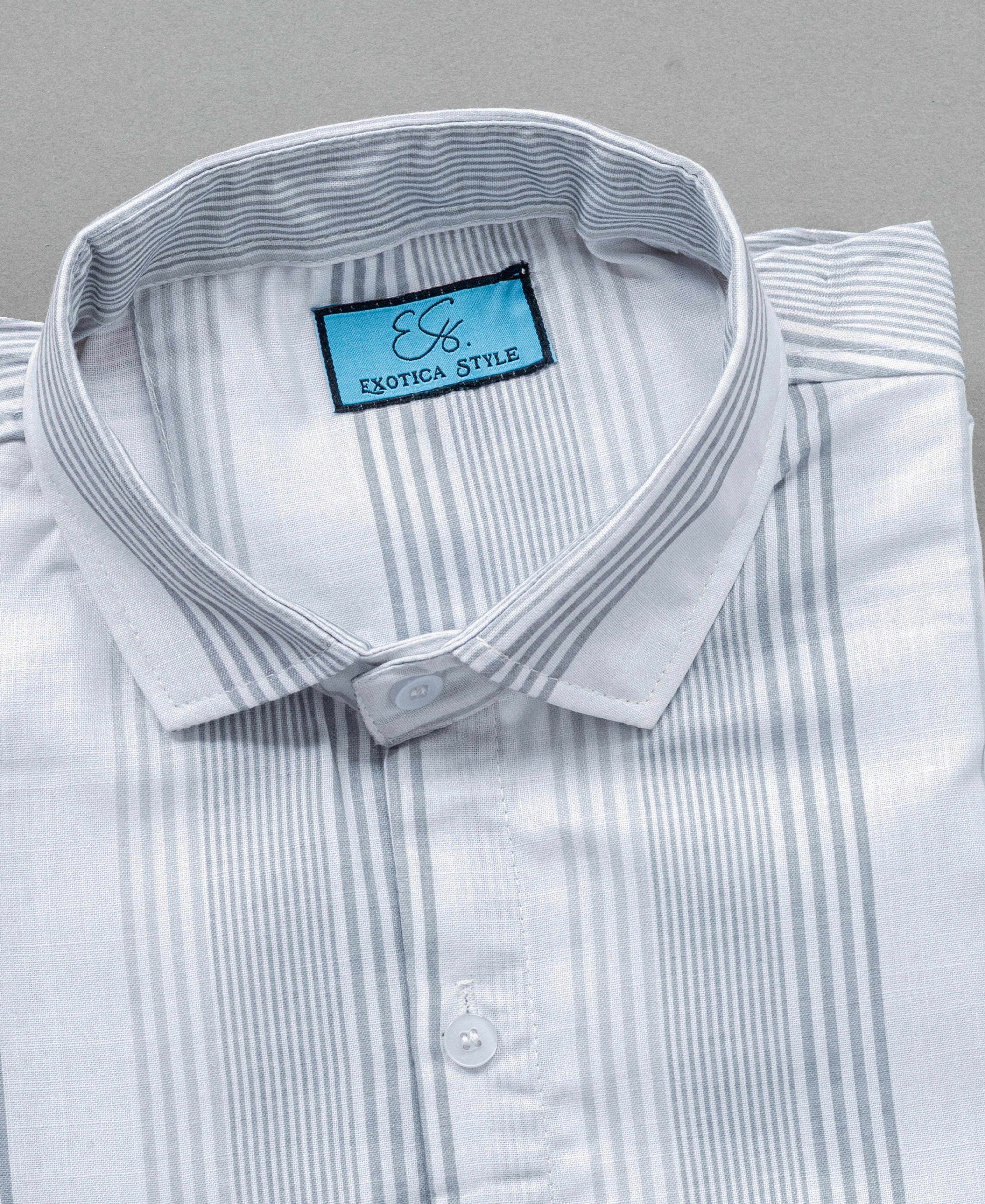 White Cotton Striped Shirt for Men with Spread Collar