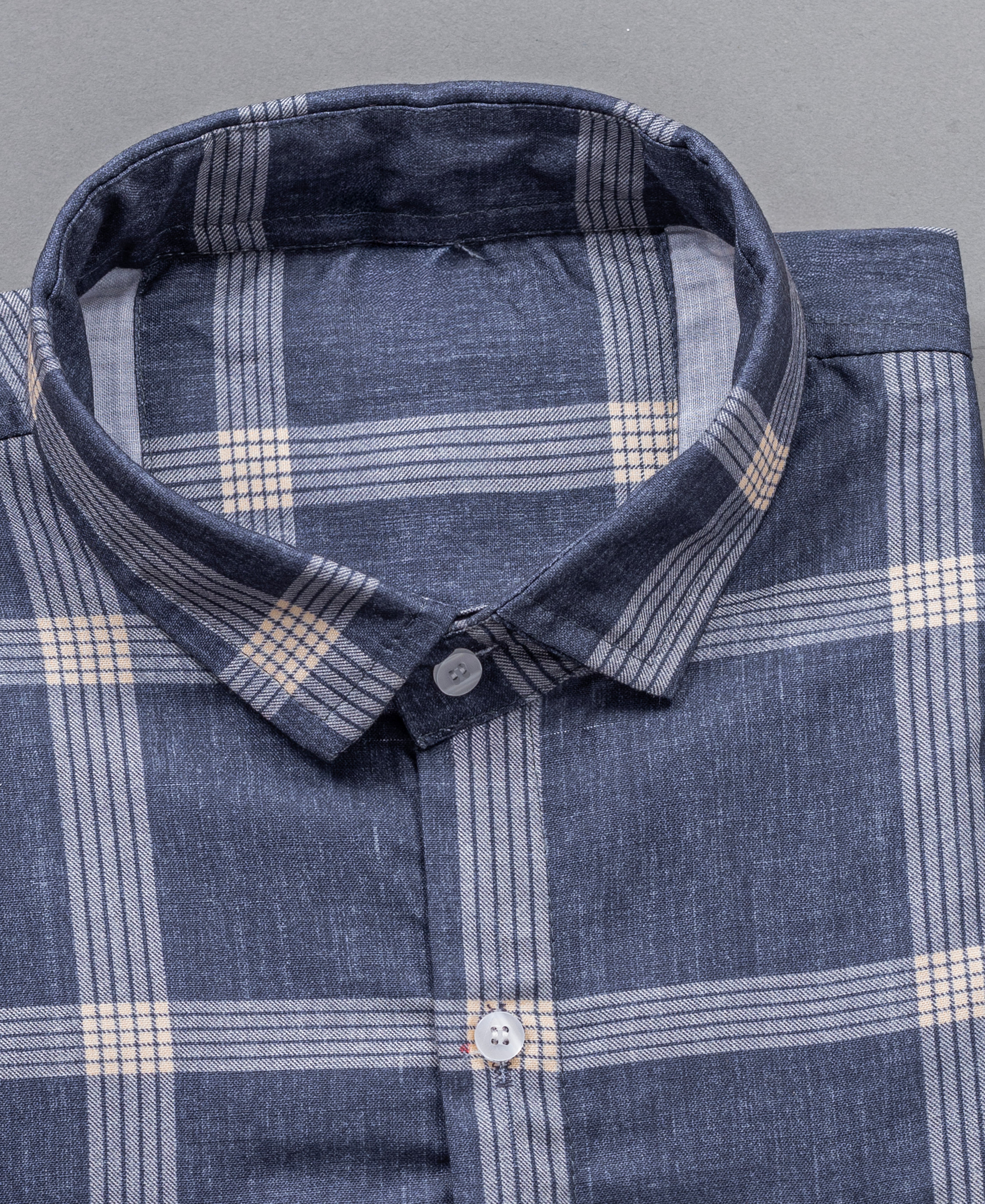 Navy and Beige Checkered Cotton Men's Modern Shirt