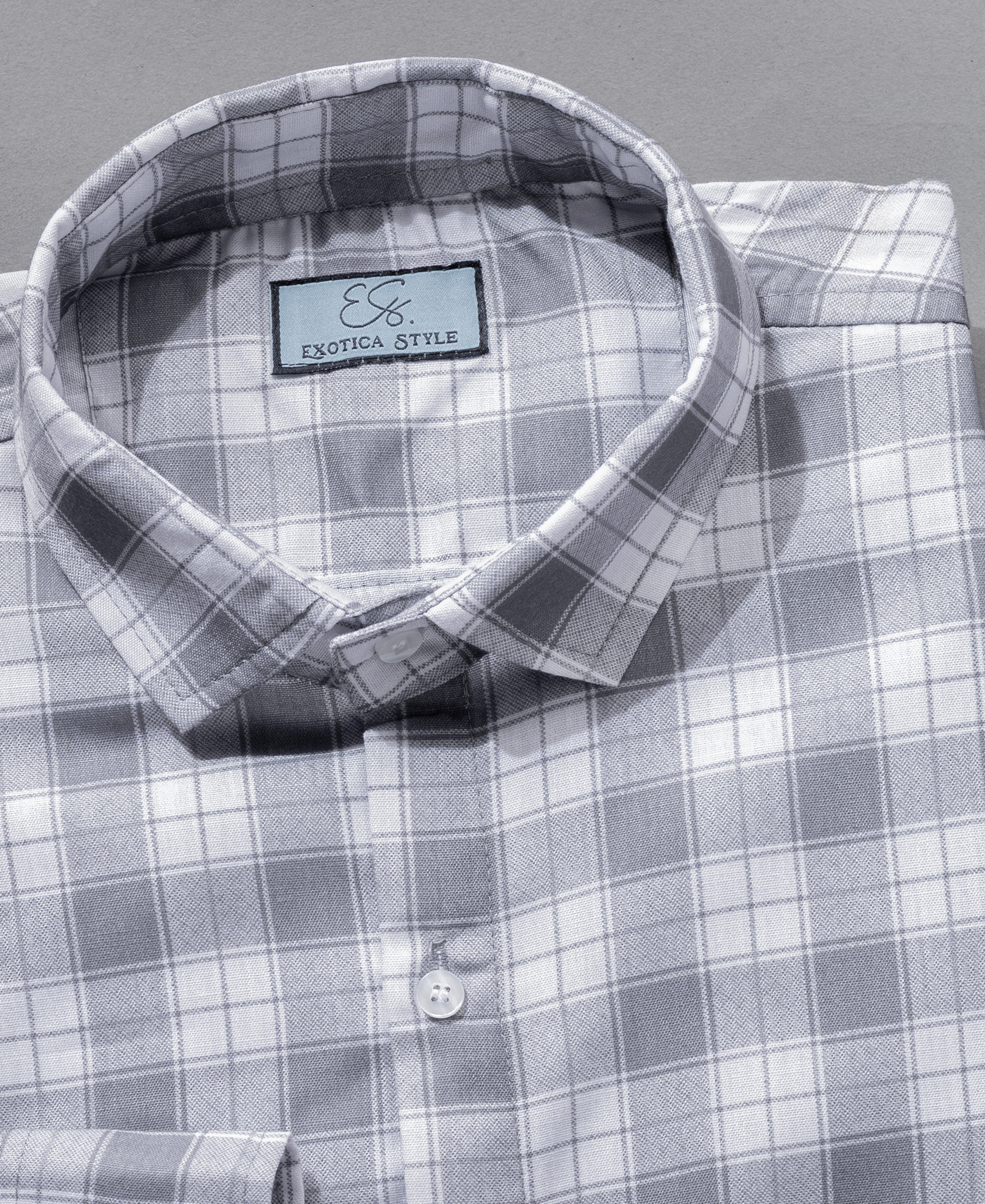 Gray & White Checkered Cotton Shirt with Pocket for Men