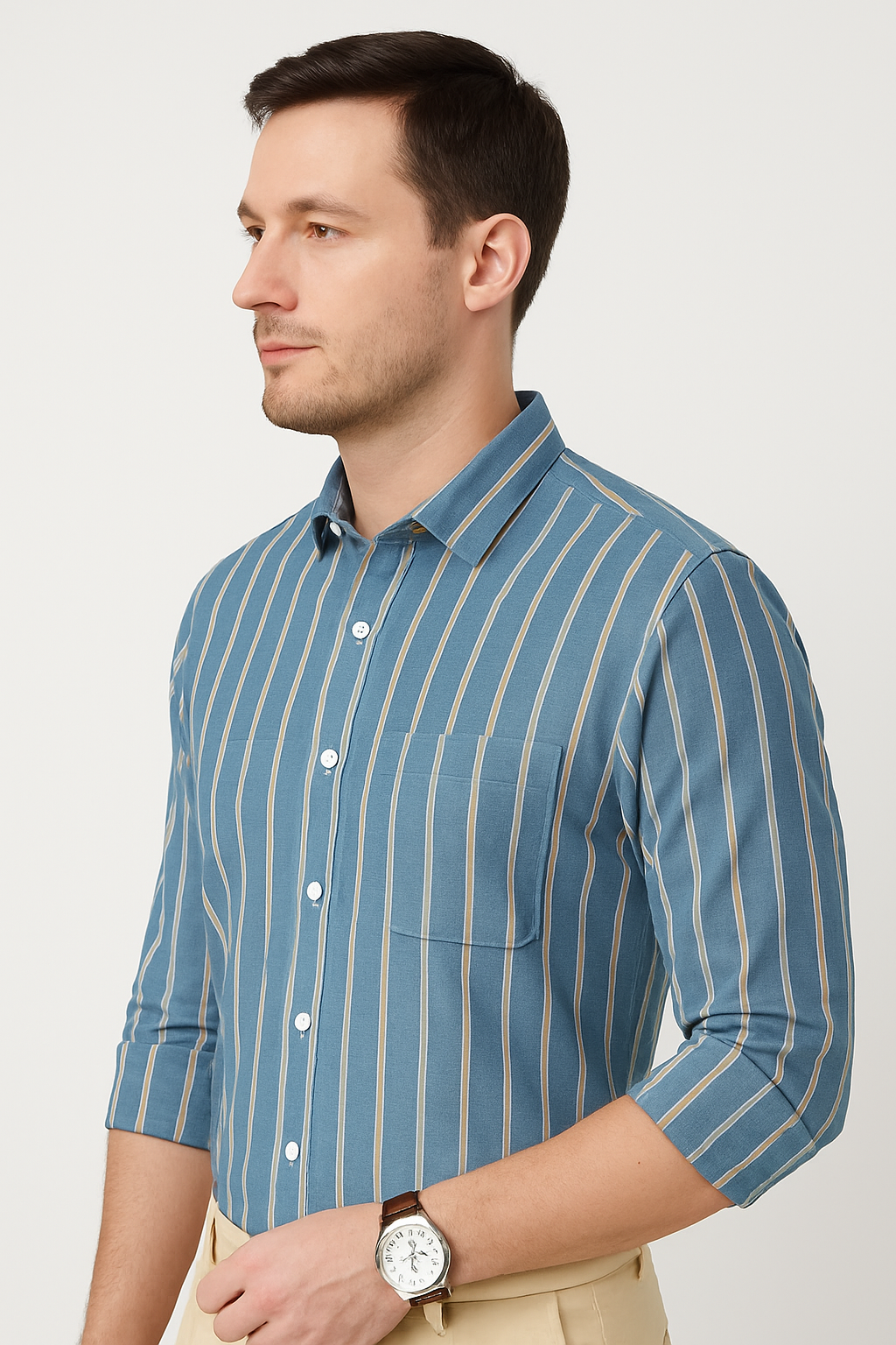 Blue Cotton Striped Shirt for Men with Long Sleeves