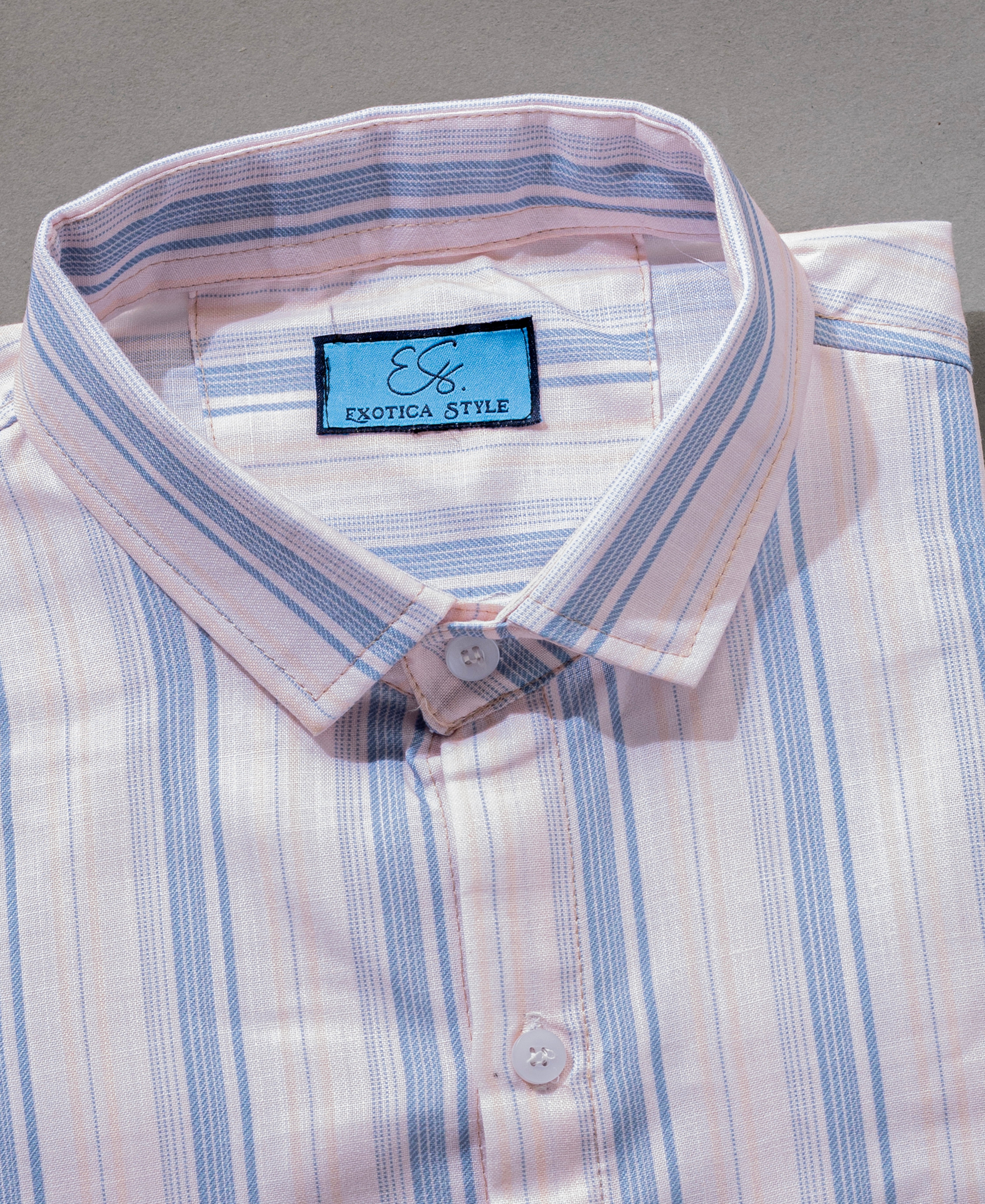 Men’s Casual Cotton Shirt with Blue Stripes and Spread Collar