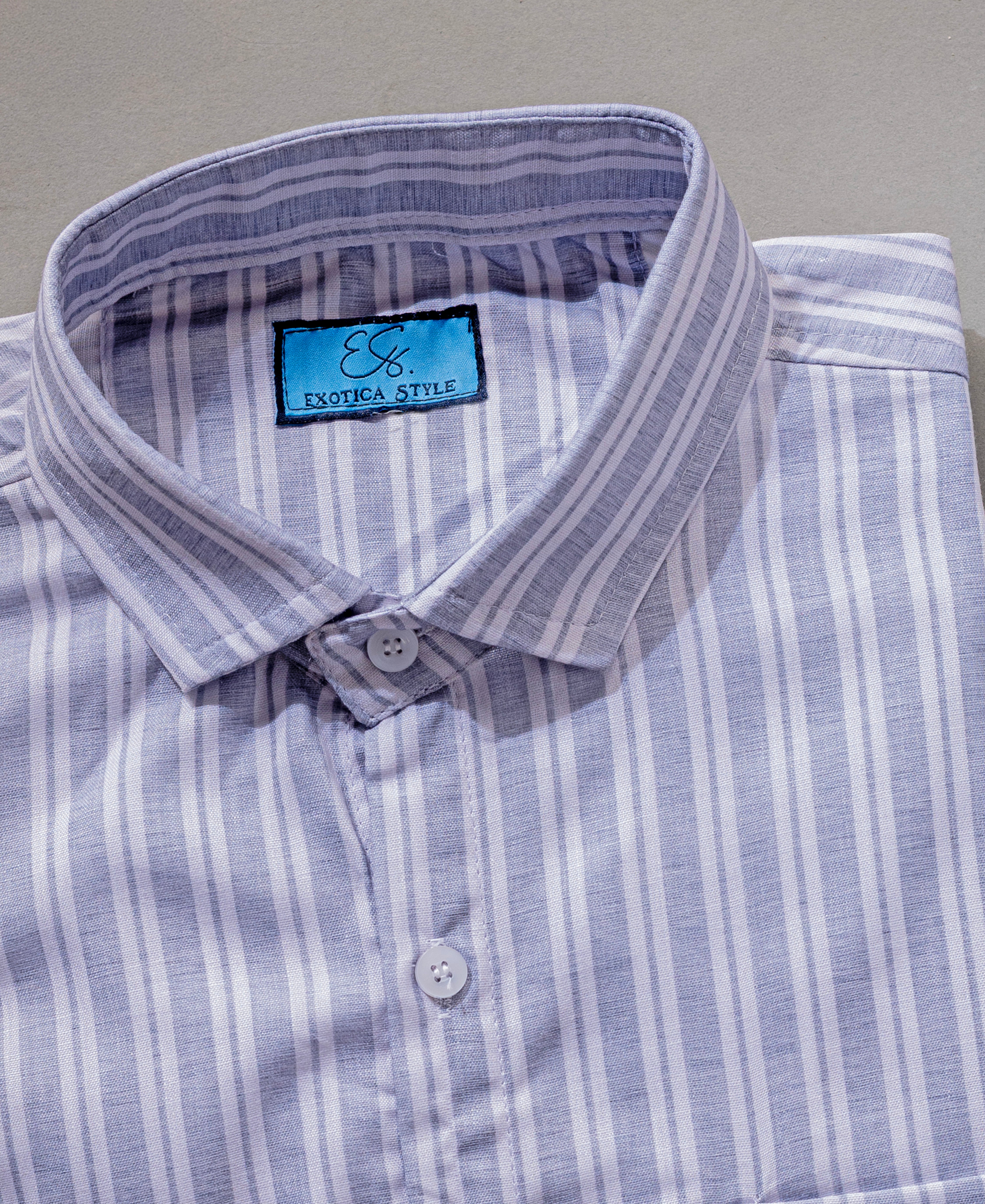 Men’s Gray White Striped Cotton Shirt with Spread Collar