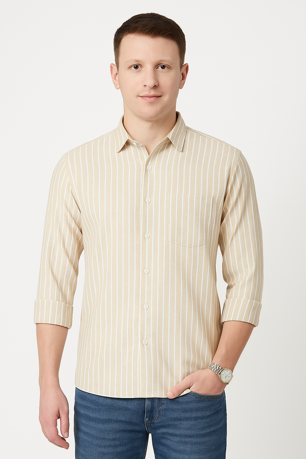 Beige and White Striped Cotton Shirt for Men Formal Wear