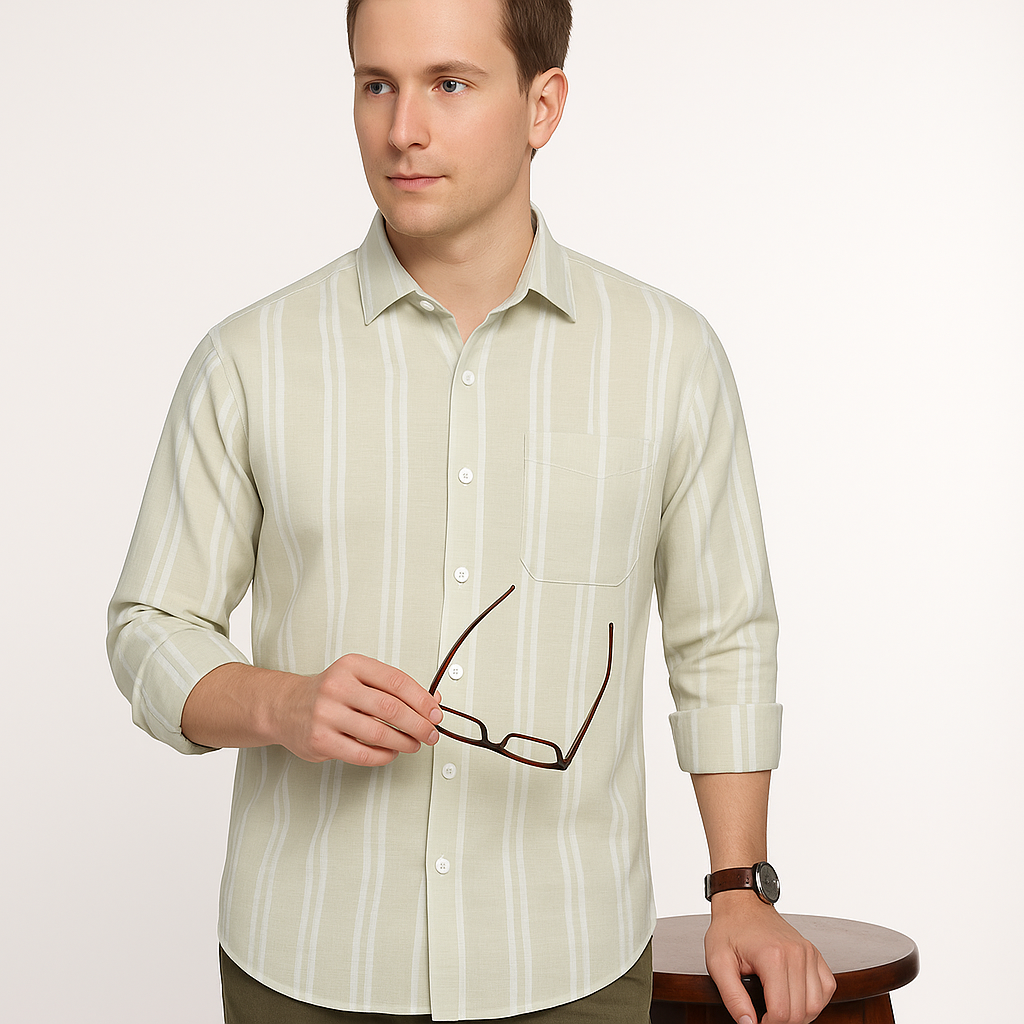 Men’s Full Sleeve Cotton Shirt in Soft Green Striped Pattern