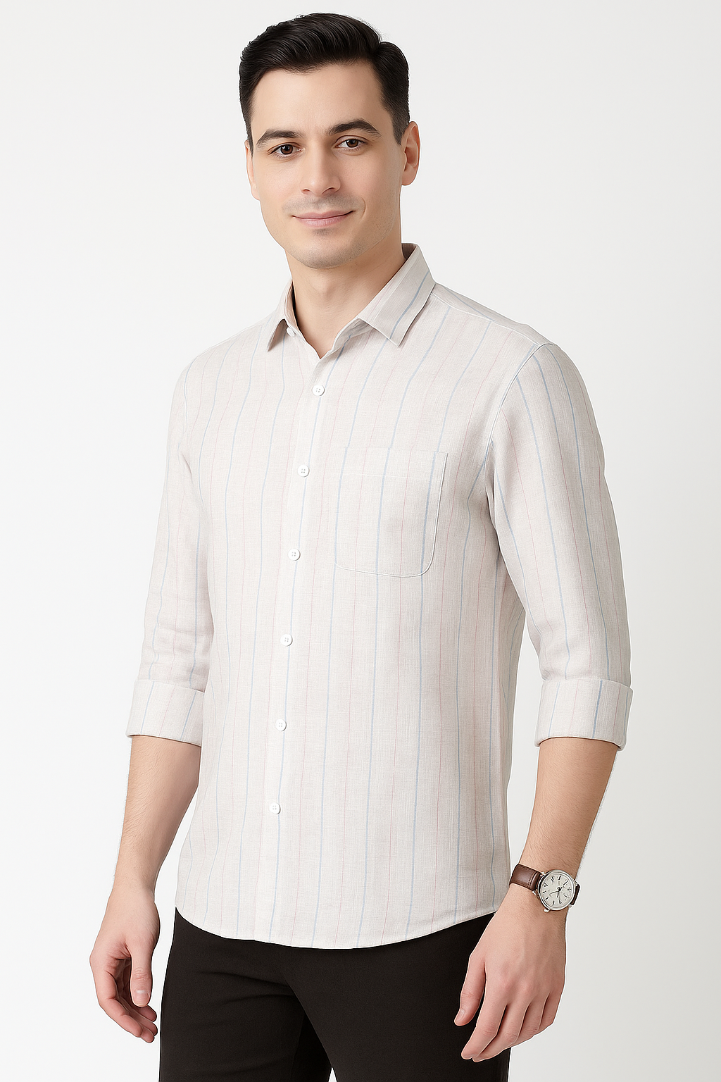 Men’s Striped Beige Cotton Slim Fit Shirt Everyday Casual Style