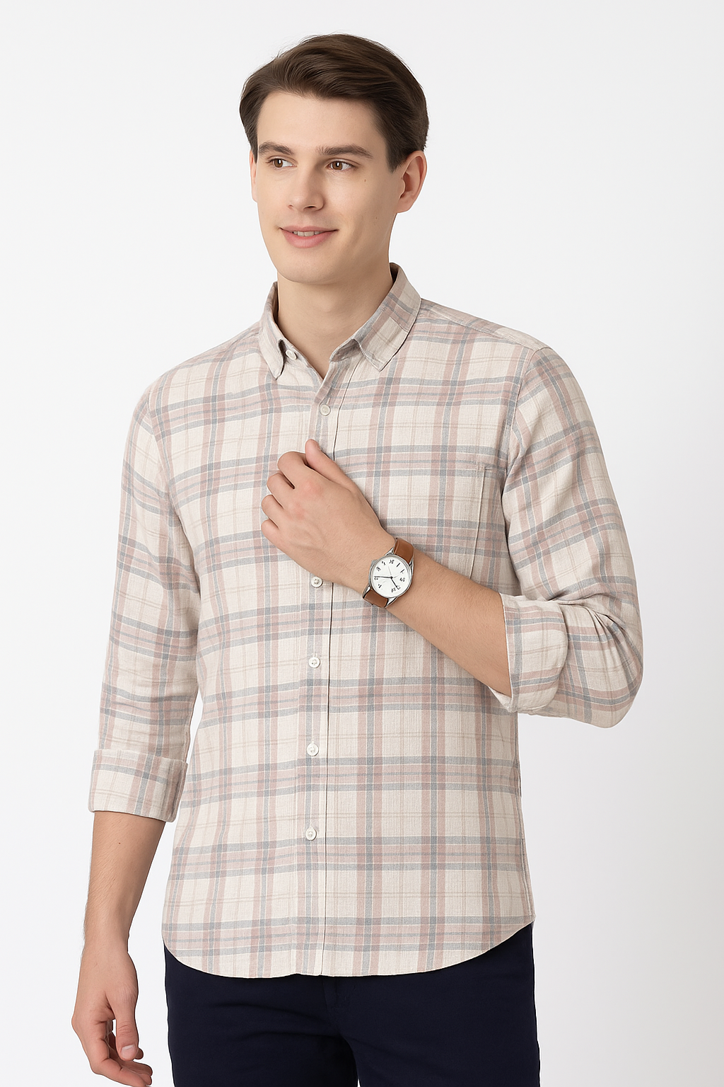 Classic Checked Cotton Shirt for Men in Beige & Gray