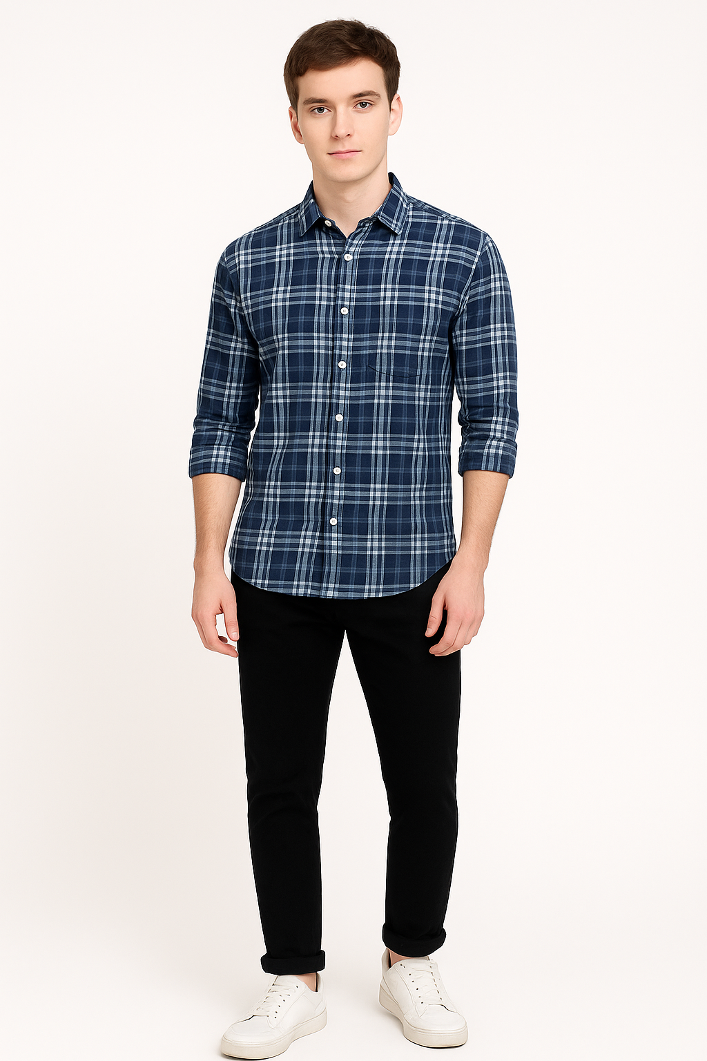 Men’s Navy Blue Checked Cotton Shirt Casual Slim Fit Style