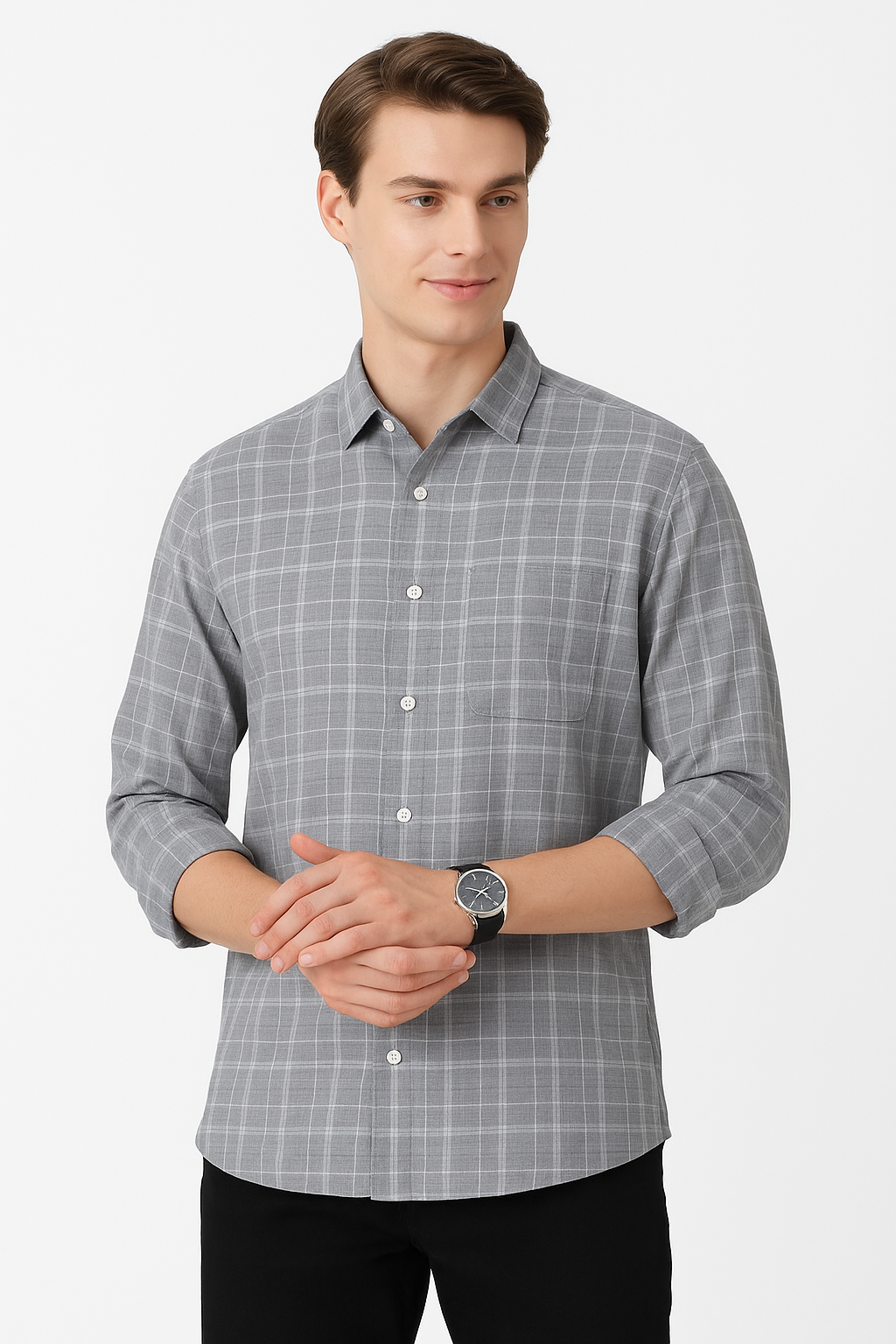 Gray Checked Cotton Shirt for Men with Spread Collar
