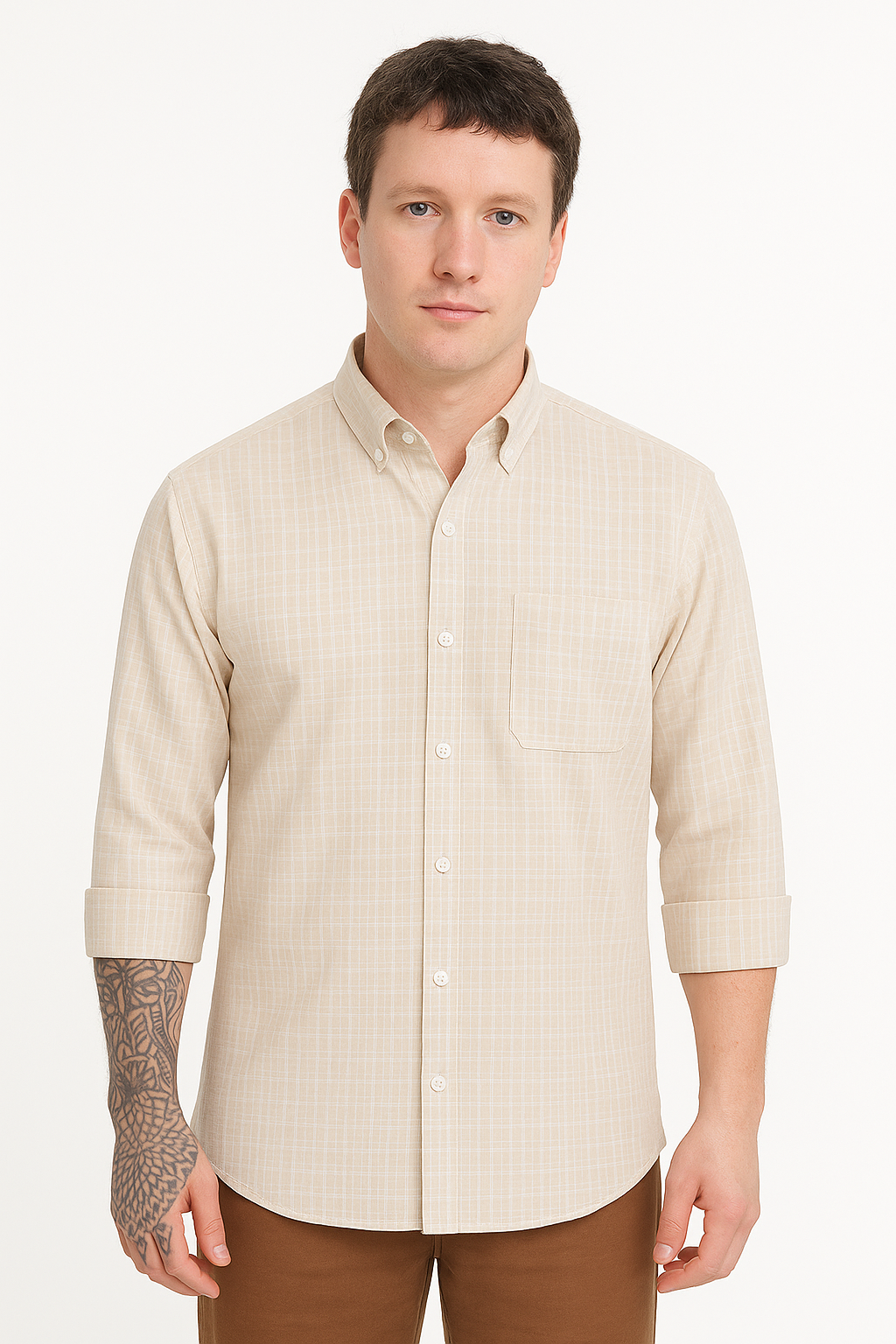 Regular Fit Beige Cotton Shirt with Subtle White Stripes
