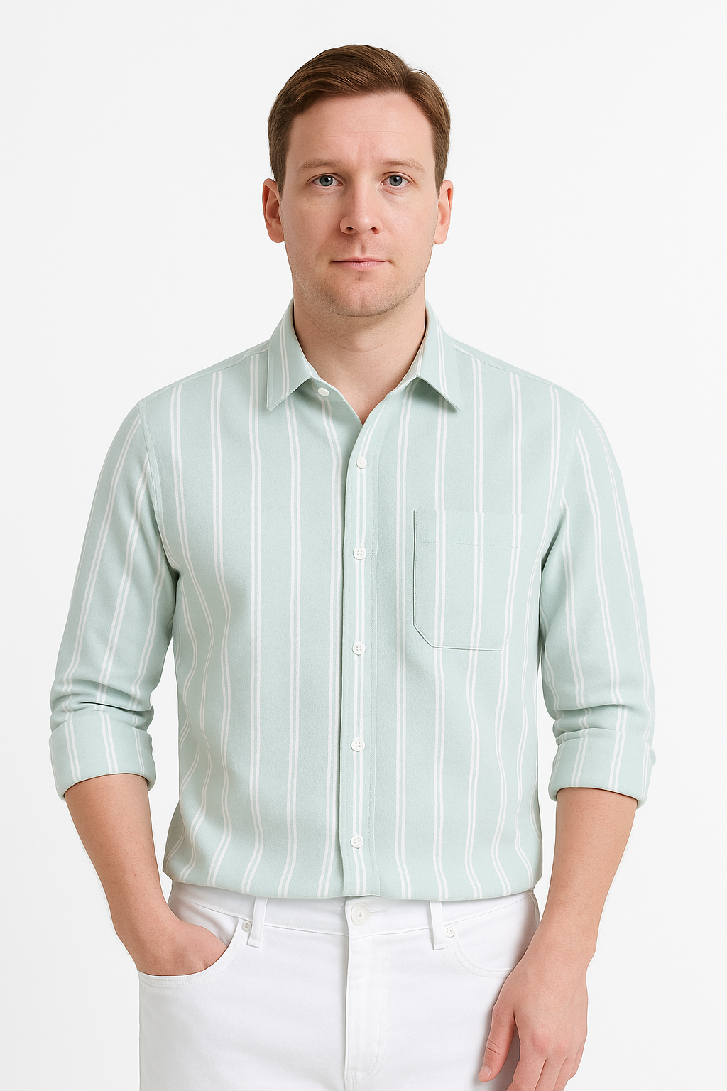 Men’s Mint Green Striped Cotton Shirt with Pocket