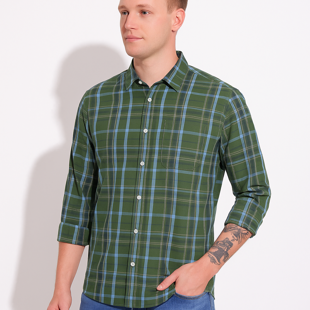 Men’s Green Checked Cotton Shirt with Long Sleeves and Pocket