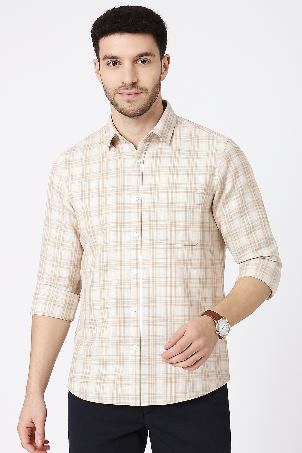 Beige Checked Cotton Shirt for Men