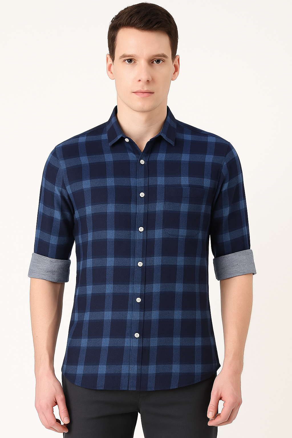 Navy Blue Checked Cotton Shirt for Men Casual Wear Style