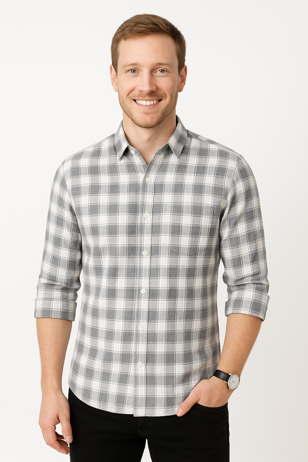 Gray & White Checkered Cotton Shirt with Pocket for Men