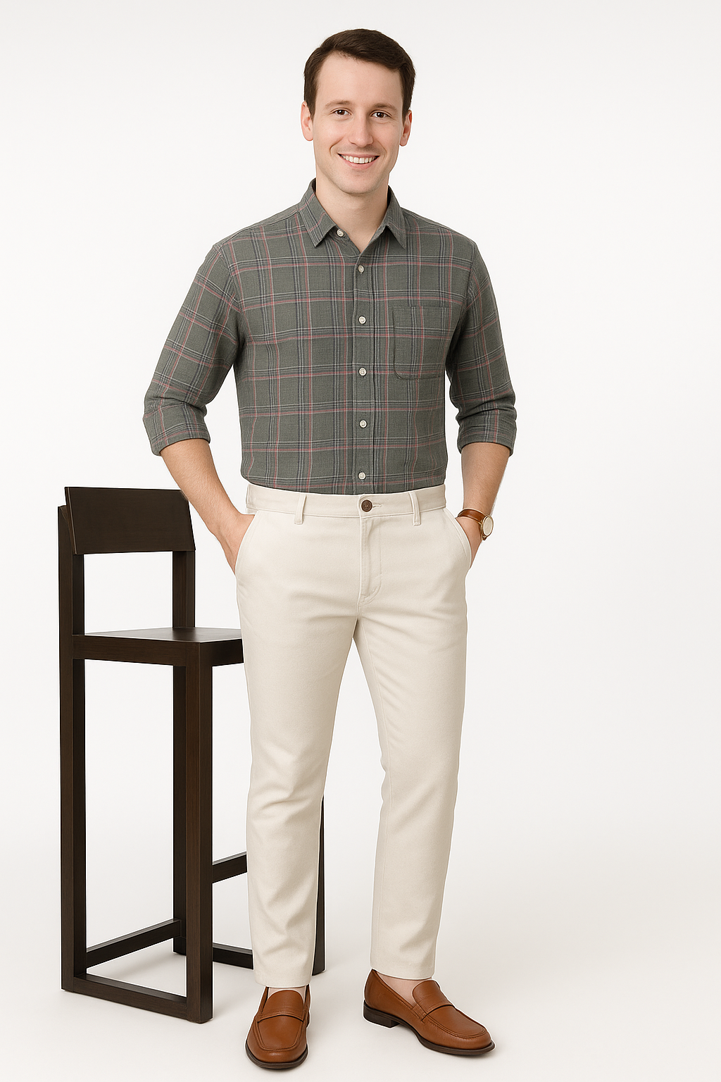 Cotton Gray Checked Shirt with Long Sleeves & Pocket