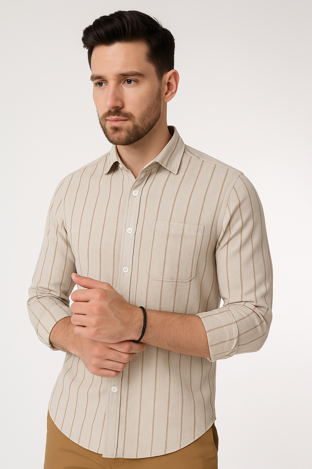 Beige Casual Cotton Shirt for Men with Vertical Stripes