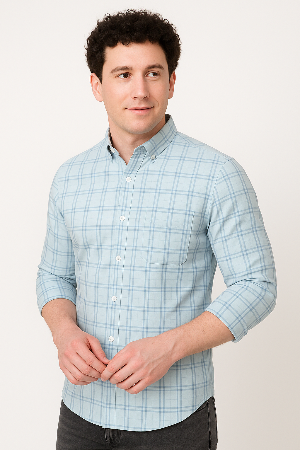Slim Fit Cotton Plaid Light Blue Checked Shirt for Daily Wear