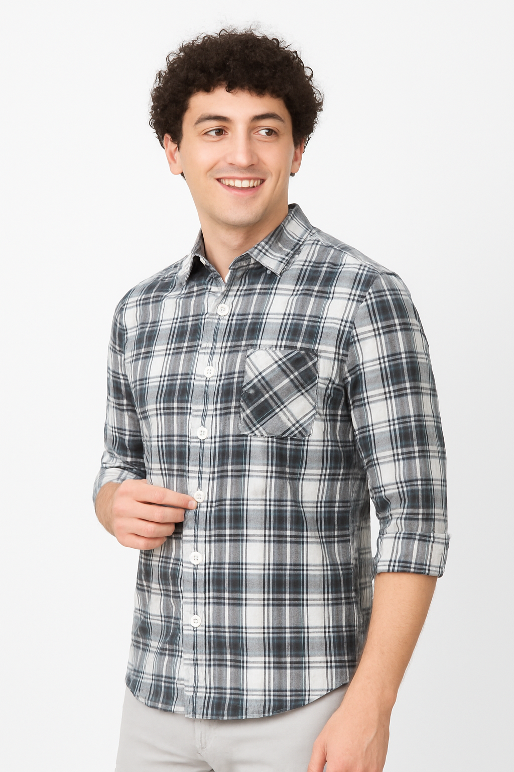 Men’s Black & White Cotton Checked Shirt with Full Sleeve