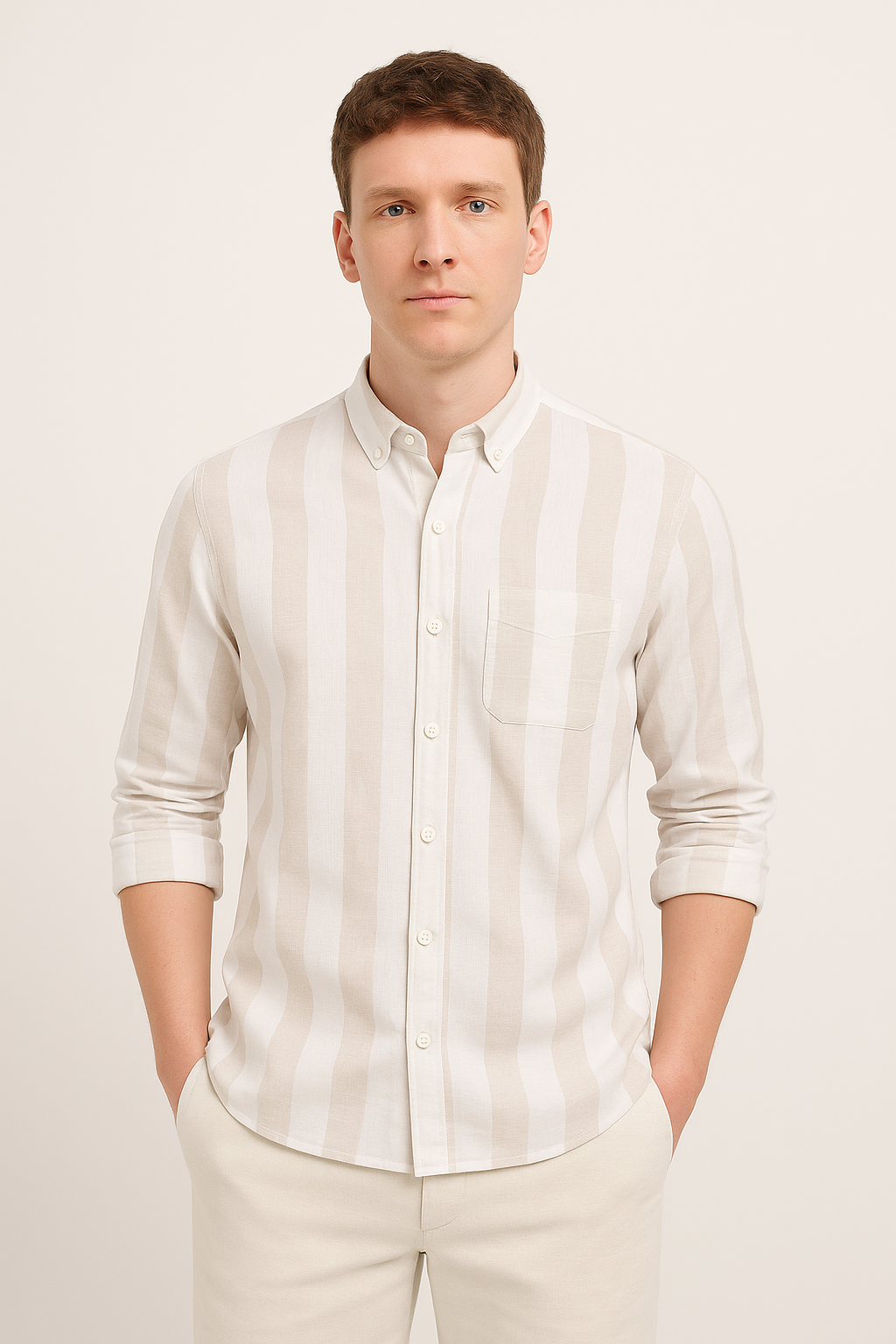 Men’s Light Cream & White Striped Cotton Shirt with Pocket