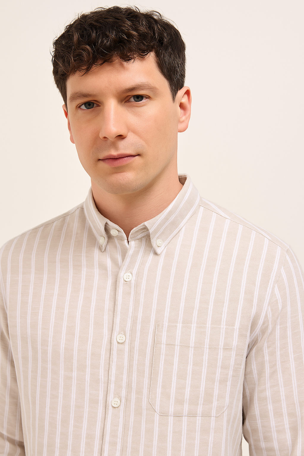 Men’s Beige Cotton Shirt with White Vertical Stripes
