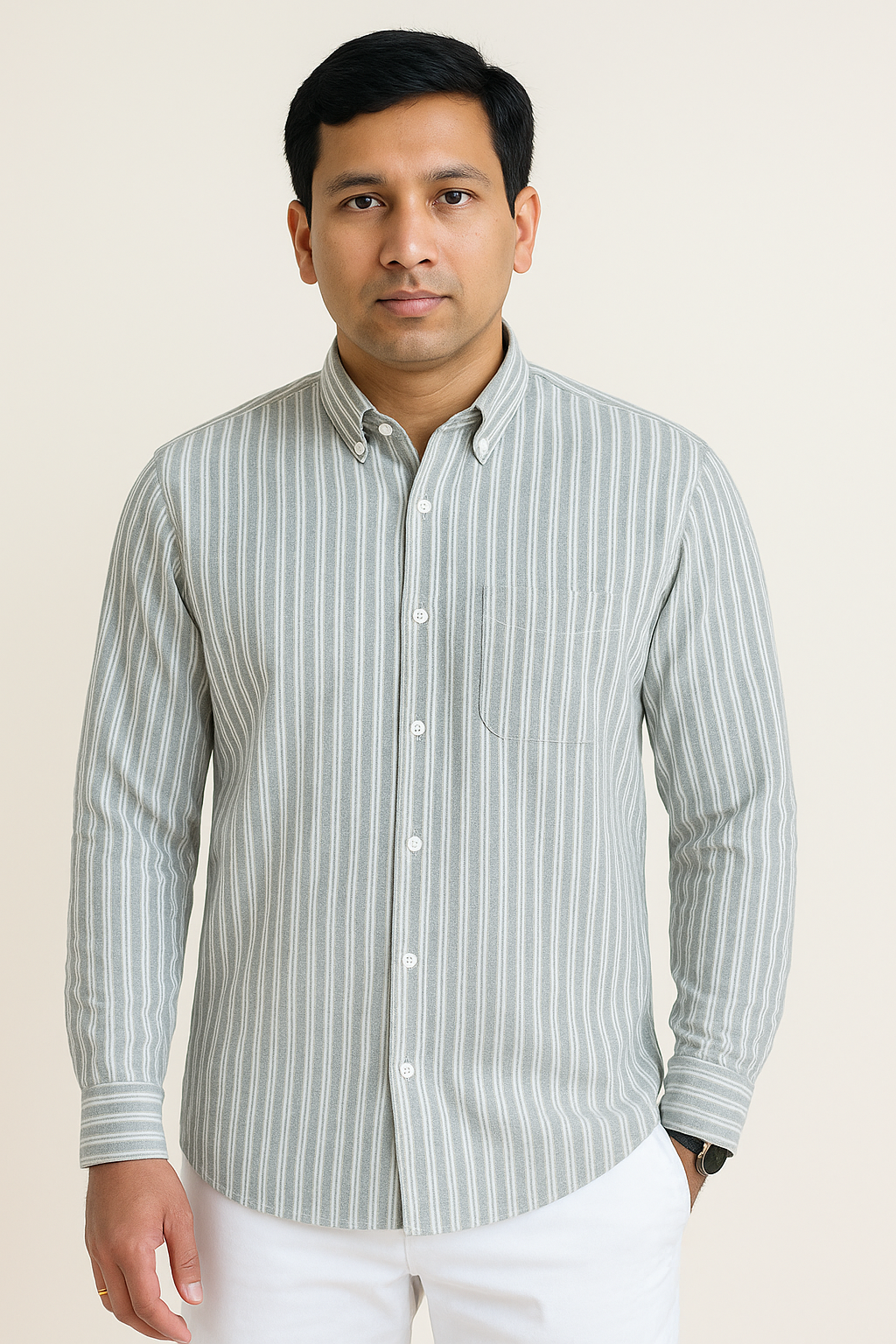 Men’s Gray White Striped Cotton Shirt with Spread Collar