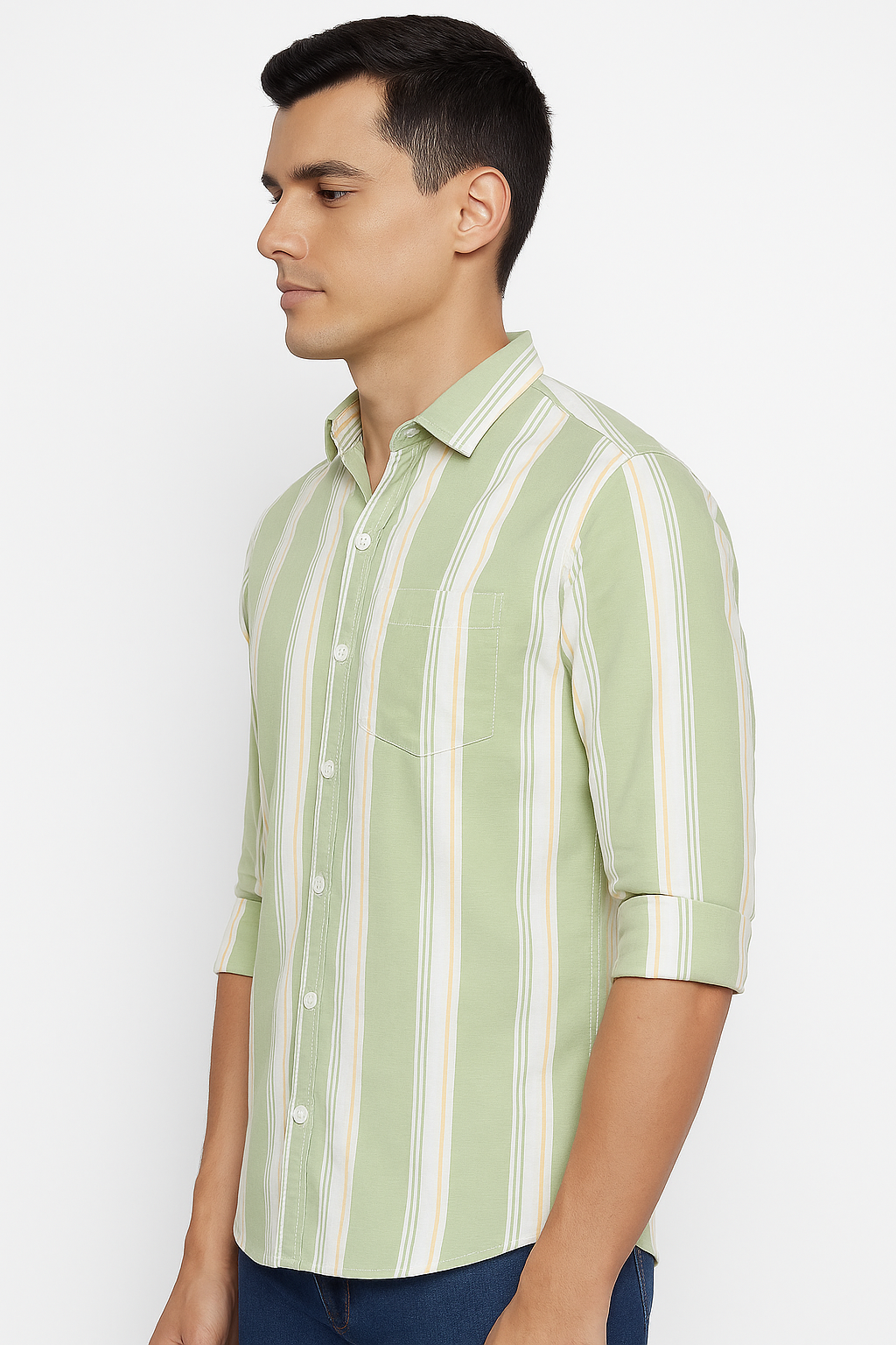 Men’s Pastel Green Striped Cotton Shirt with Pocket