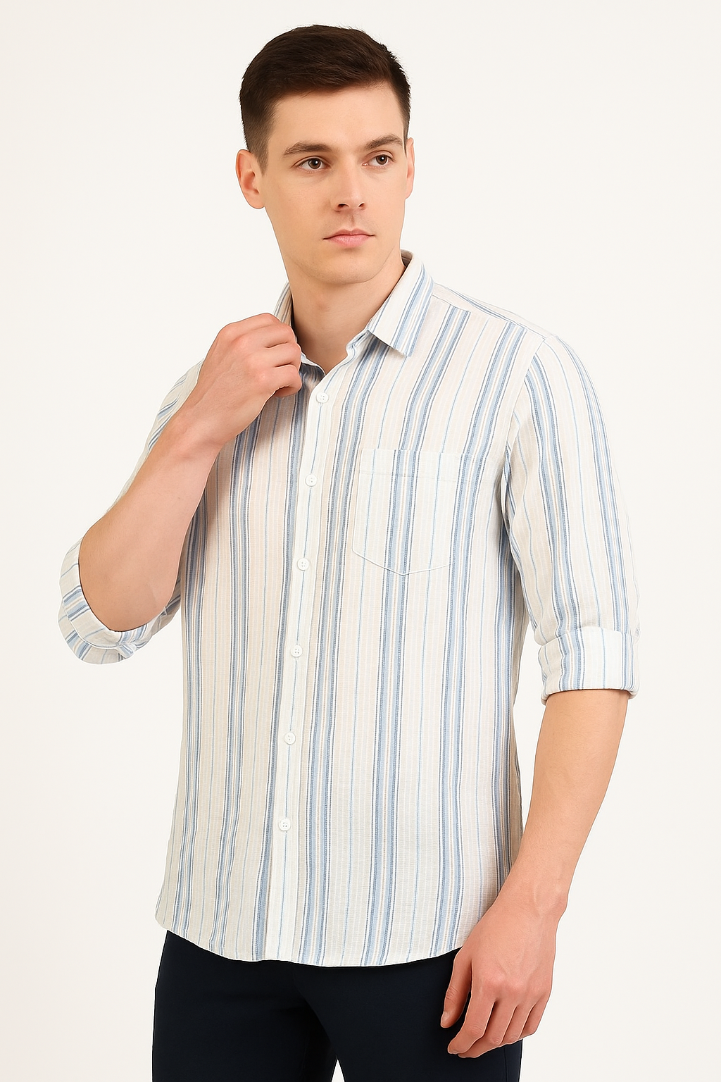 Men’s Casual Cotton Shirt with Blue Stripes and Spread Collar