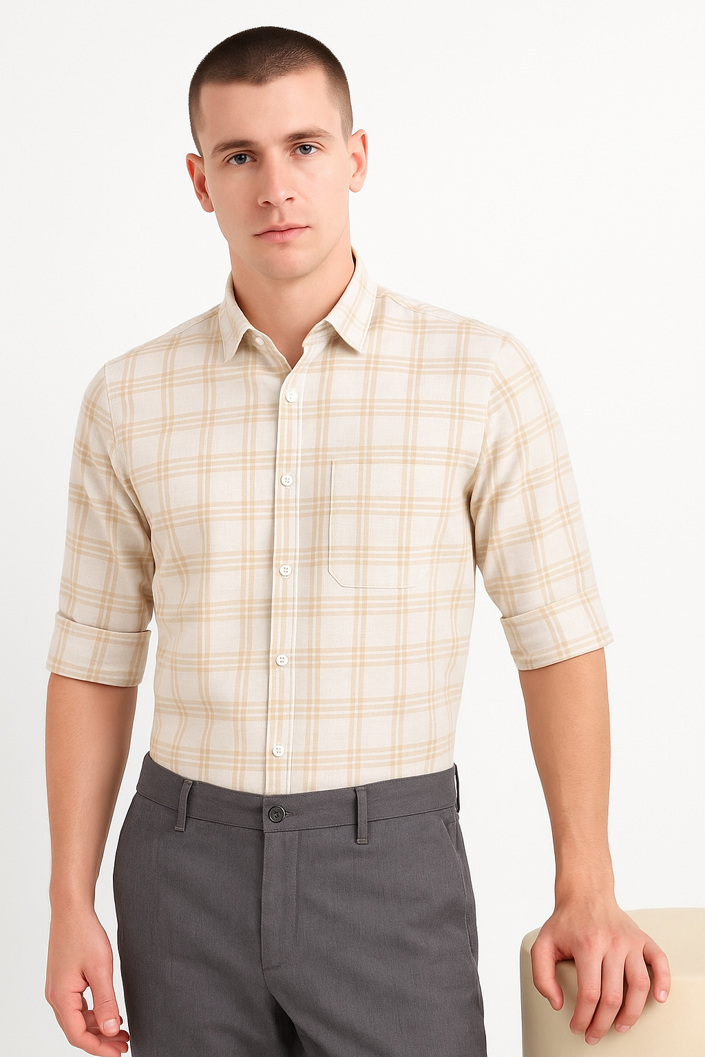 Beige Checked Cotton Shirt with Full Sleeves for Men