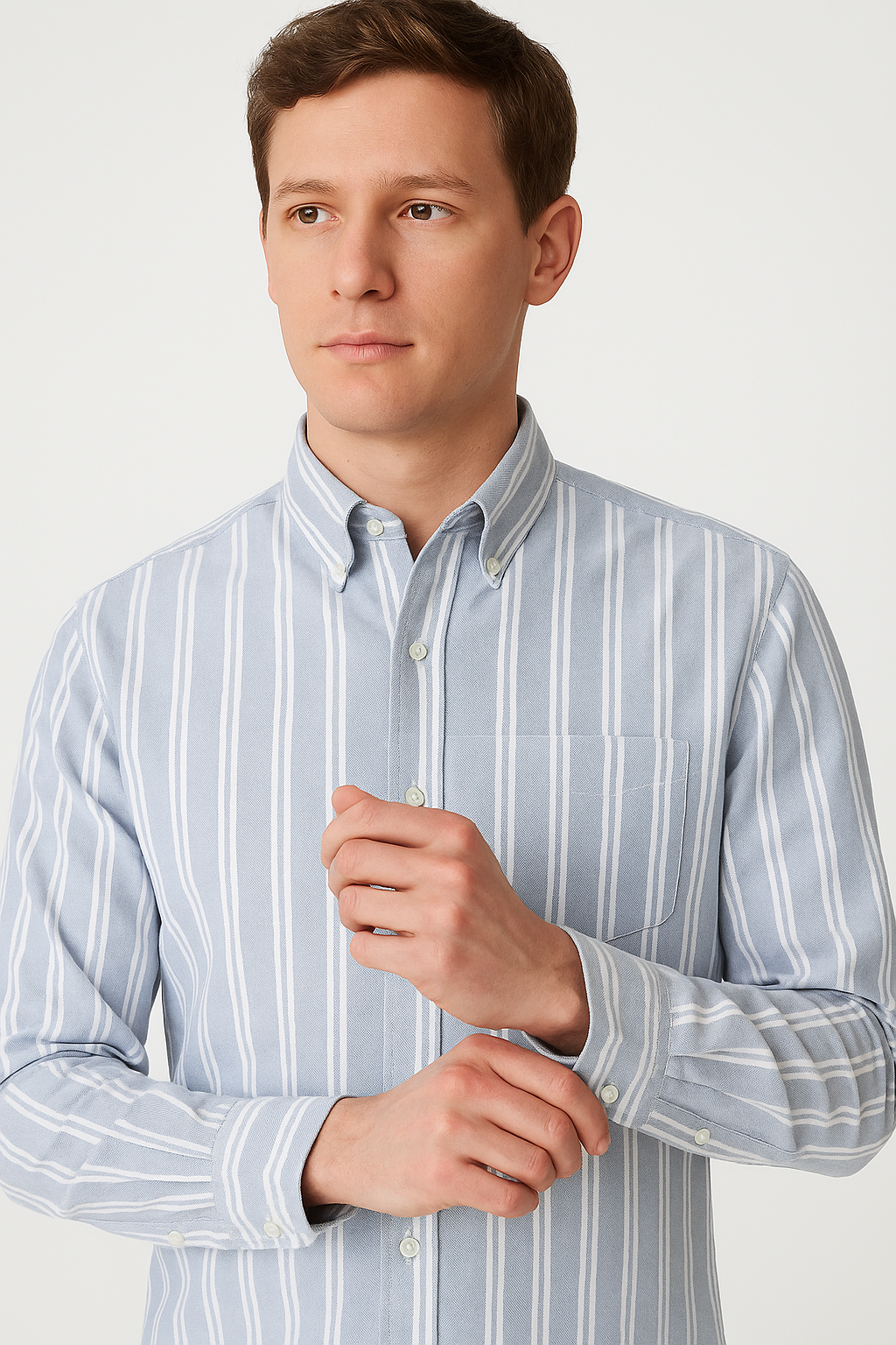 Light Blue Cotton Shirt with White Vertical Stripes for Men