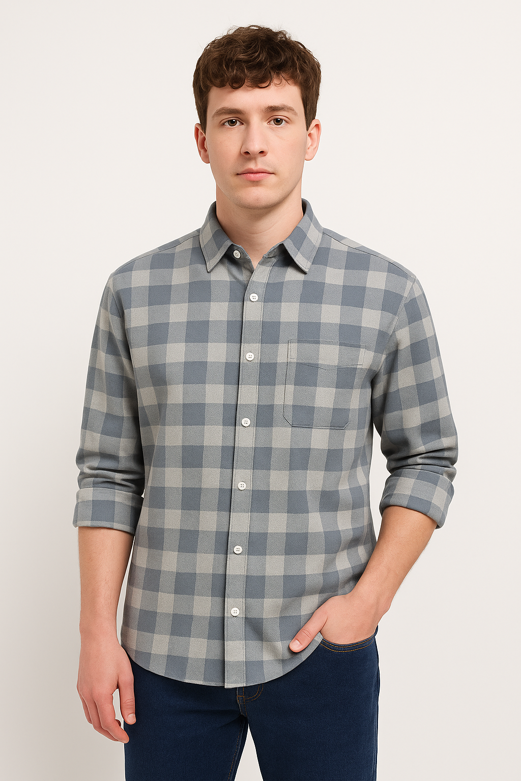Gray and Beige Checked Cotton Shirt for Men with Pocket