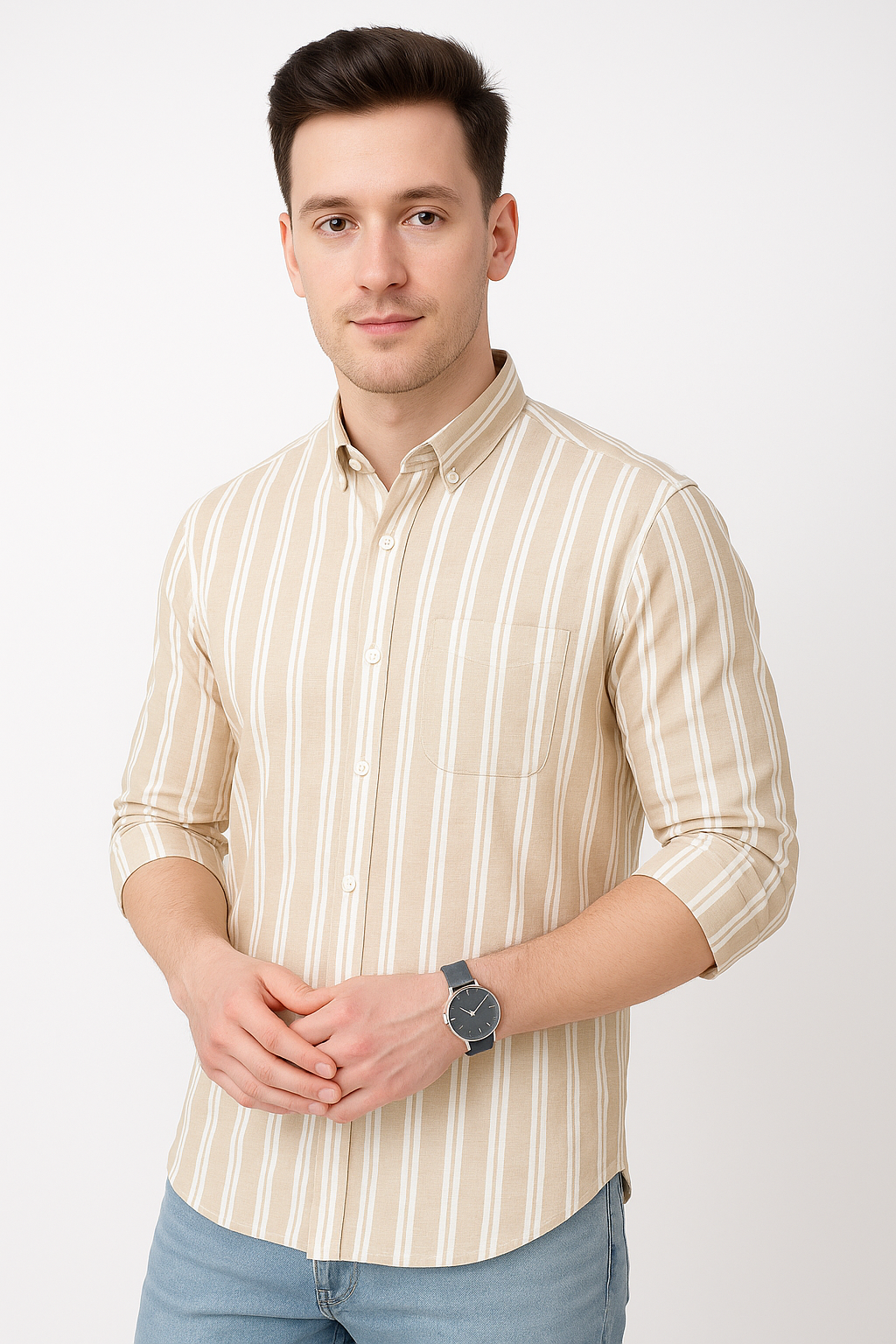 Vertical Striped Cotton Shirt with Pocket for Everyday Wear