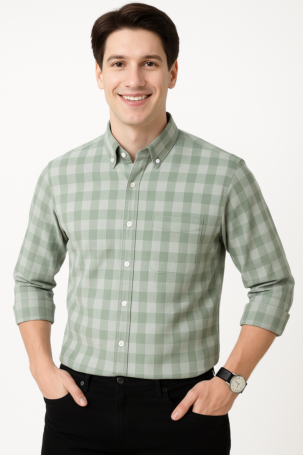 Stylish Green Checked Cotton Shirt with Front Pocket