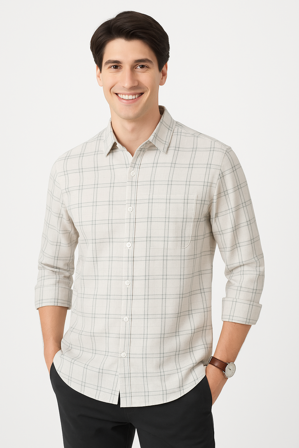 Cotton Check Shirt with Pocket and Long Sleeve