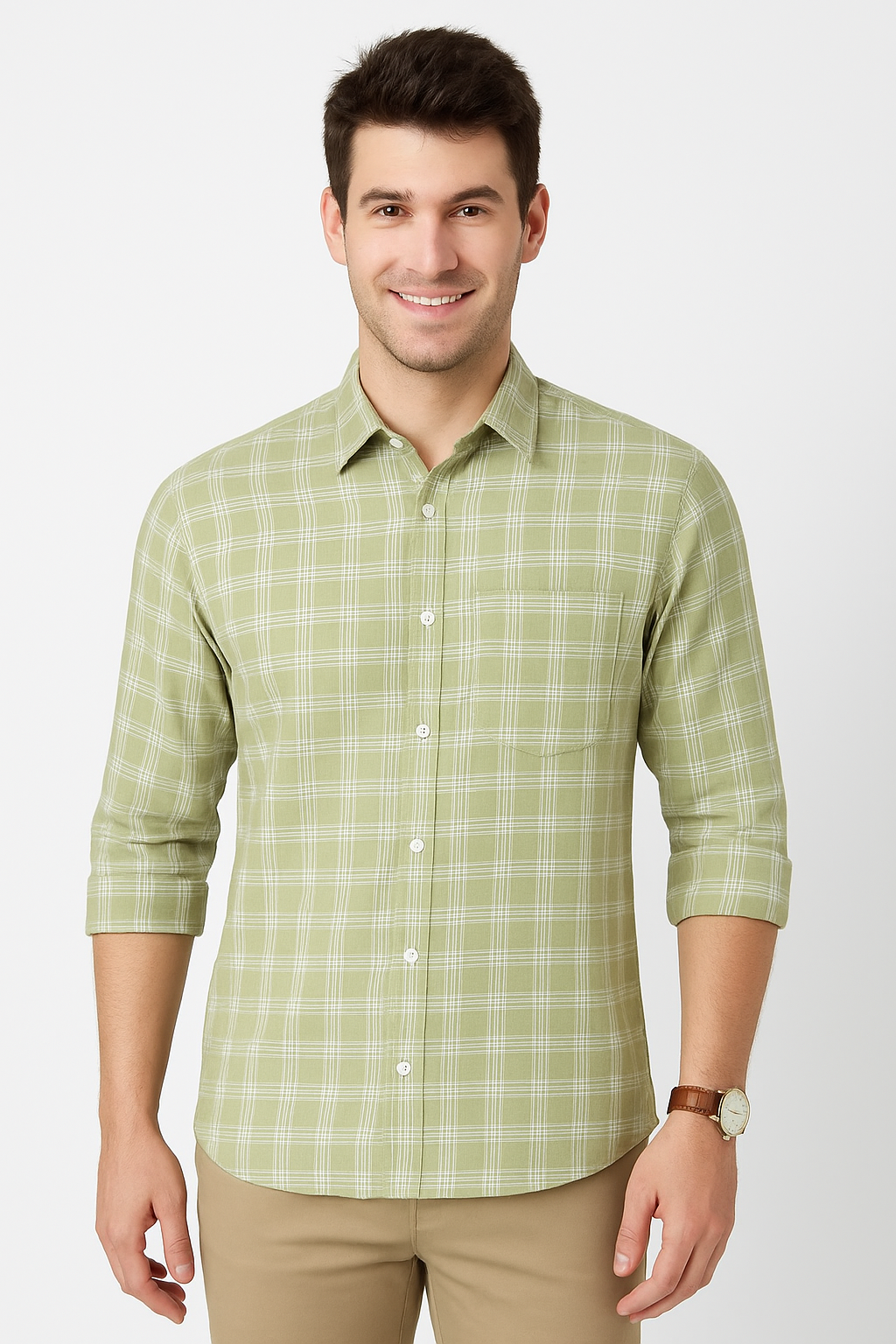 Light Green Checked Regular Collar Cotton Shirt for Men