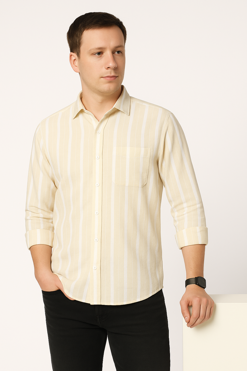 Full Sleeve Beige Striped Cotton Shirt