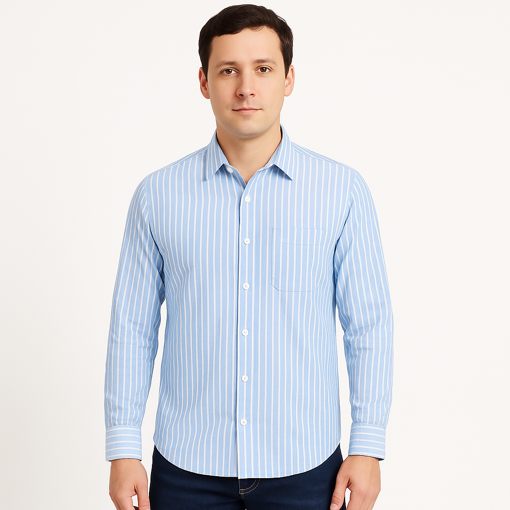 Men’s Blue Striped Cotton Shirt Smart Casual Long Sleeve