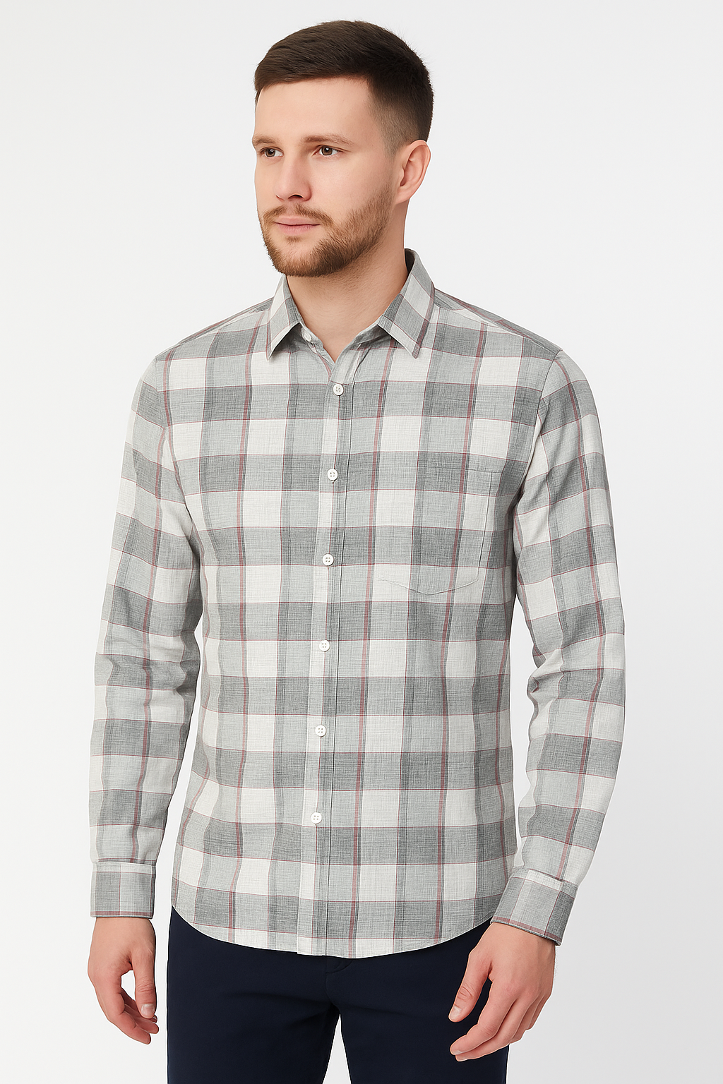 Men’s Grey & White Checked Cotton Shirt with Pocket