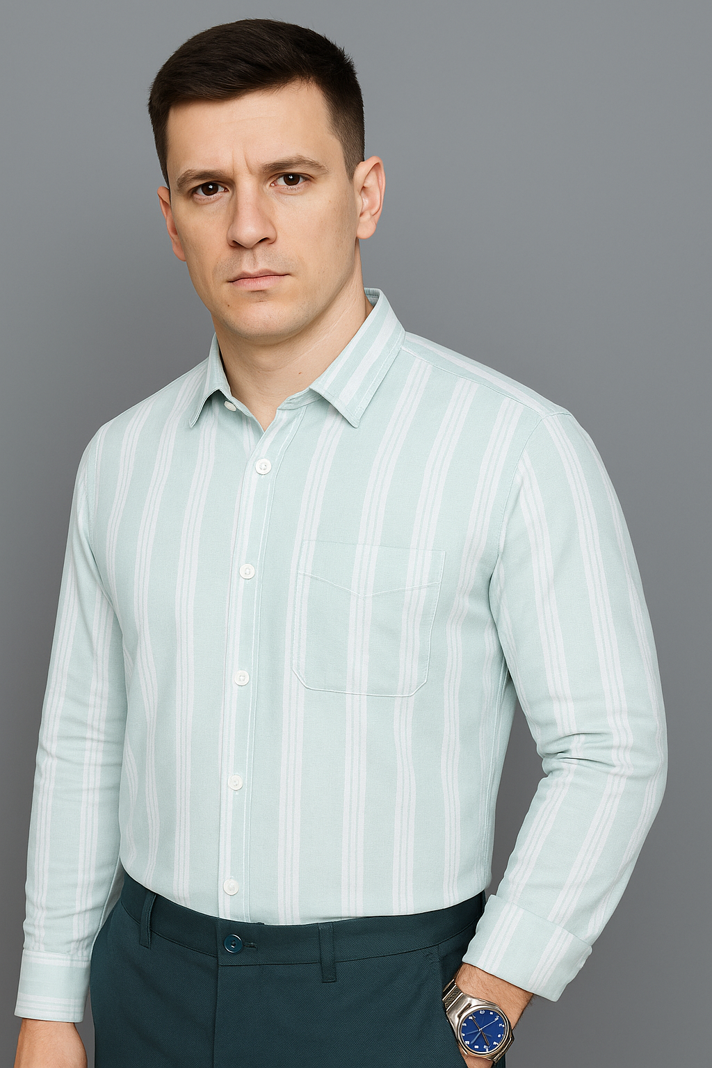 Light Green Striped Cotton Shirt with Pocket for Casual Wear