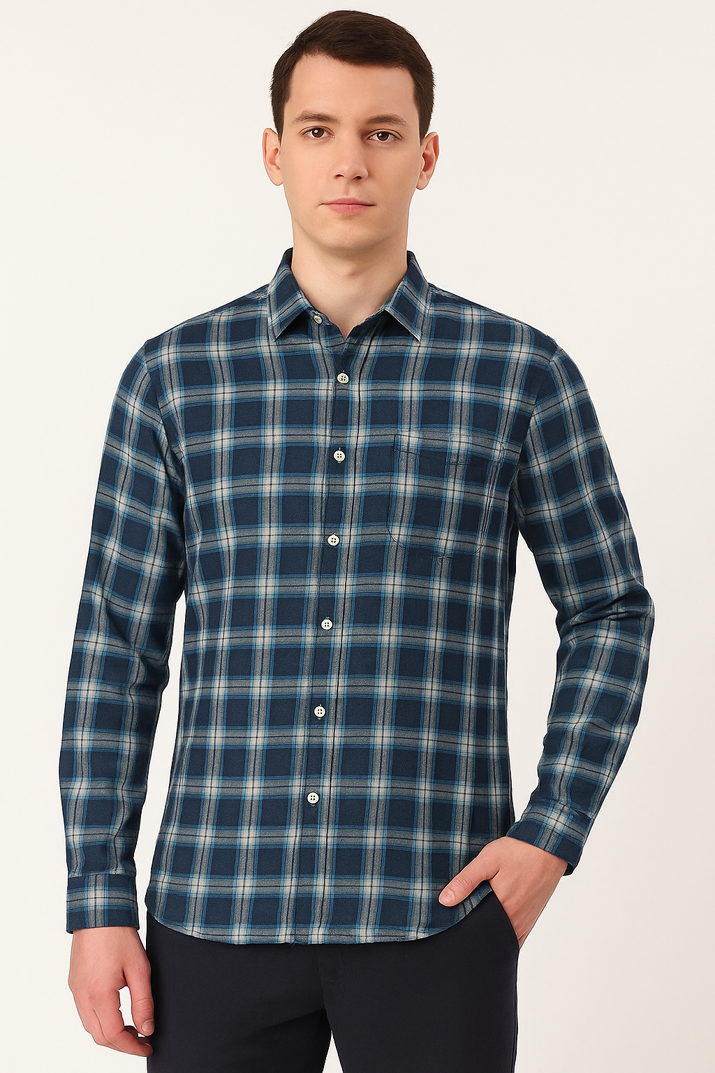 Cotton Blue Checkered Formal Men's Full Sleeve Shirt