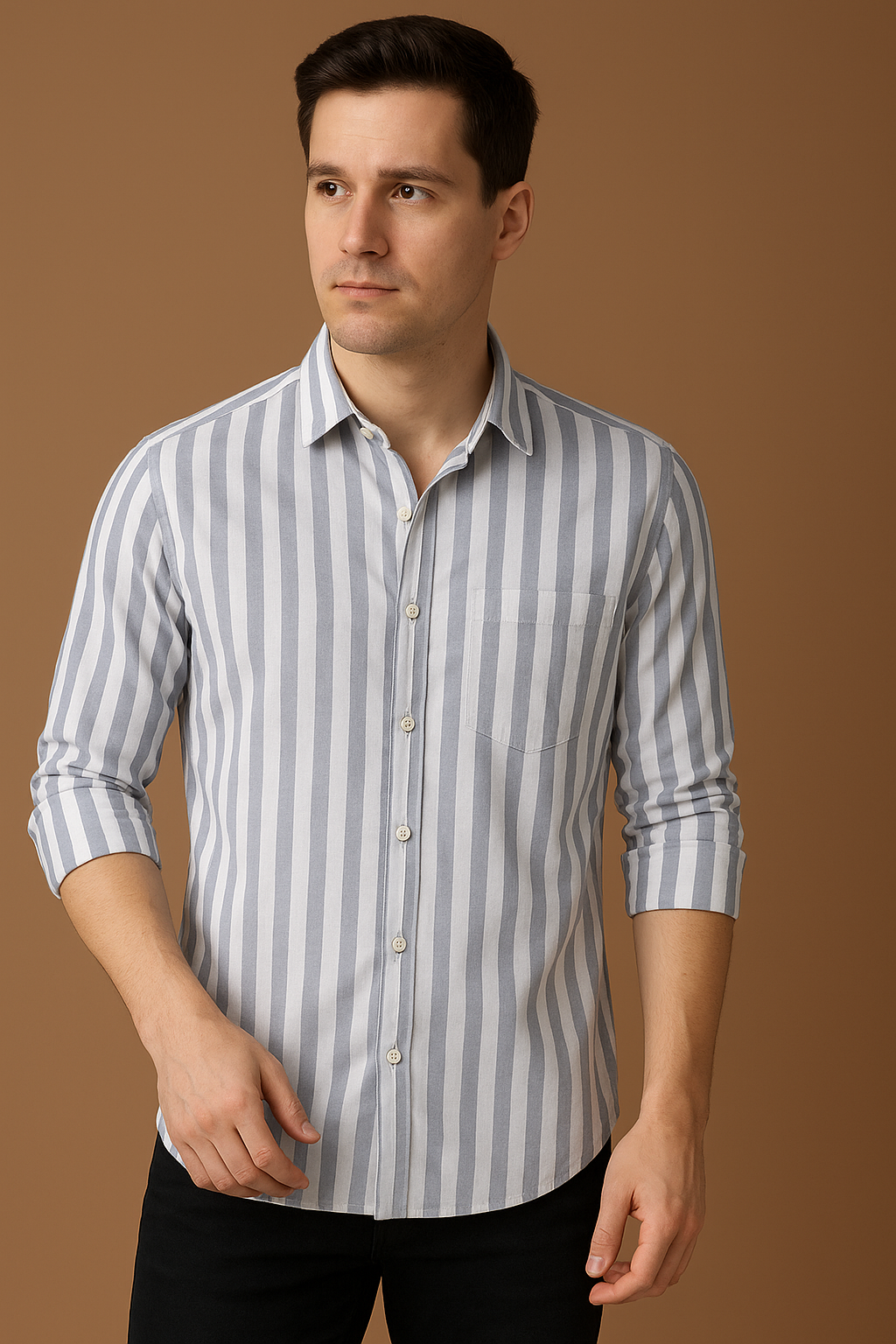Lightweight Gray & White Cotton Striped Shirt for Men