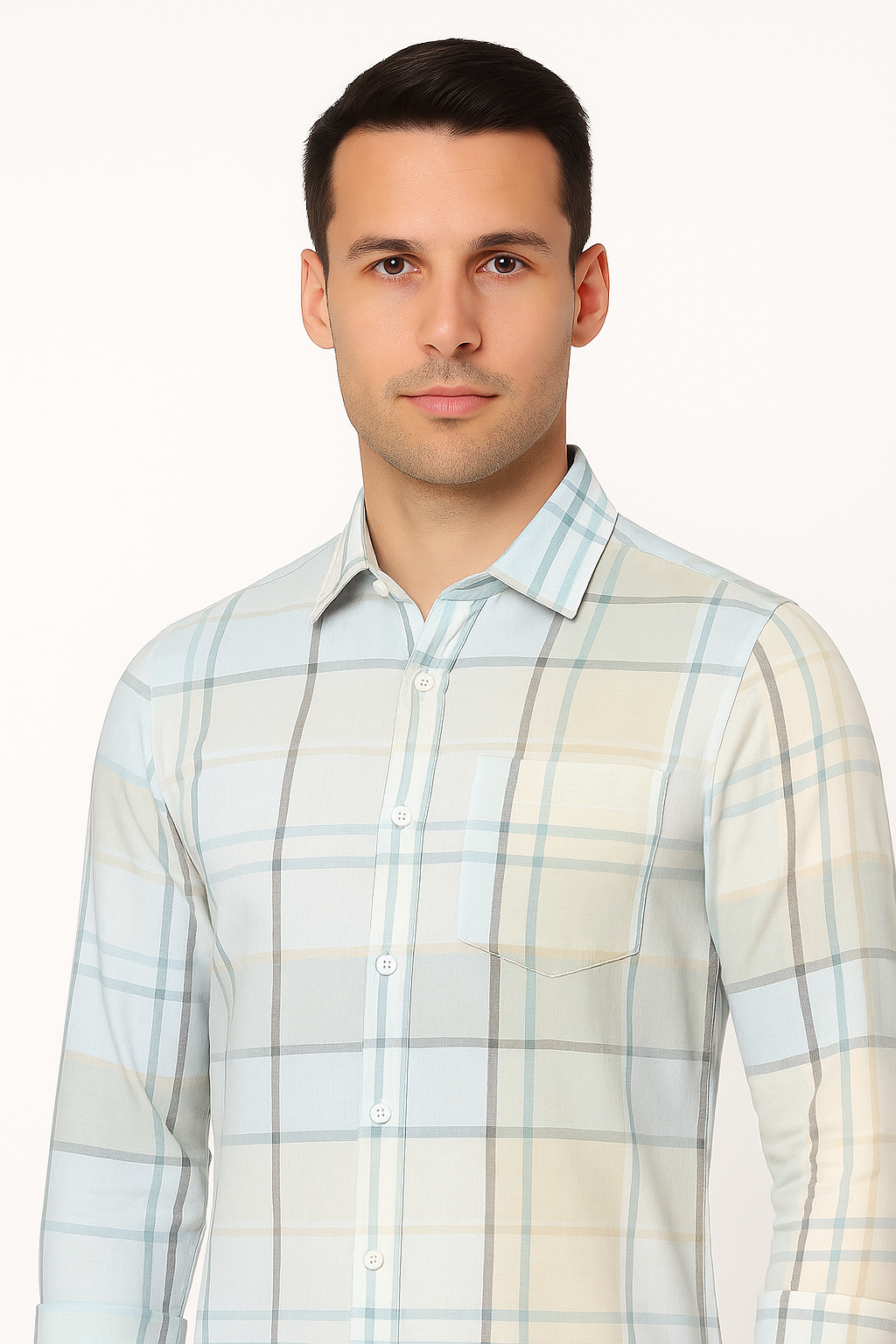 Blue and Yellow Cotton Checks Design Shirt with Pocket