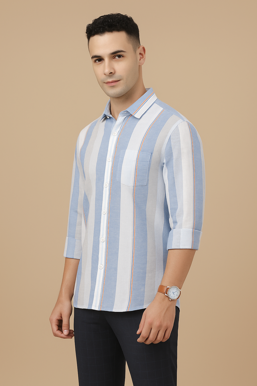 Stylish White Blue Striped Cotton Shirt For Men