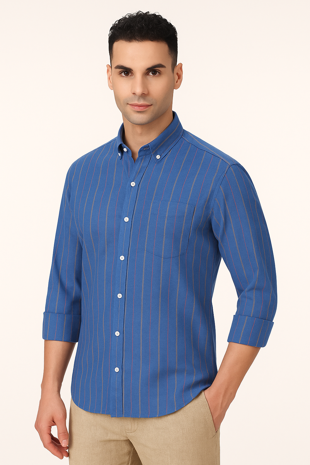 Everyday Comfort Blue Striped Cotton Shirt for Men