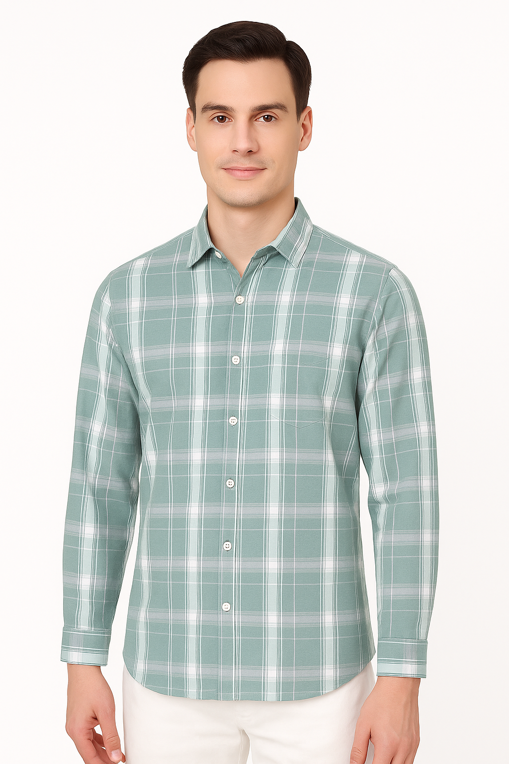 Mint Green Checked Pure Cotton Full Sleeve Classic Shirt