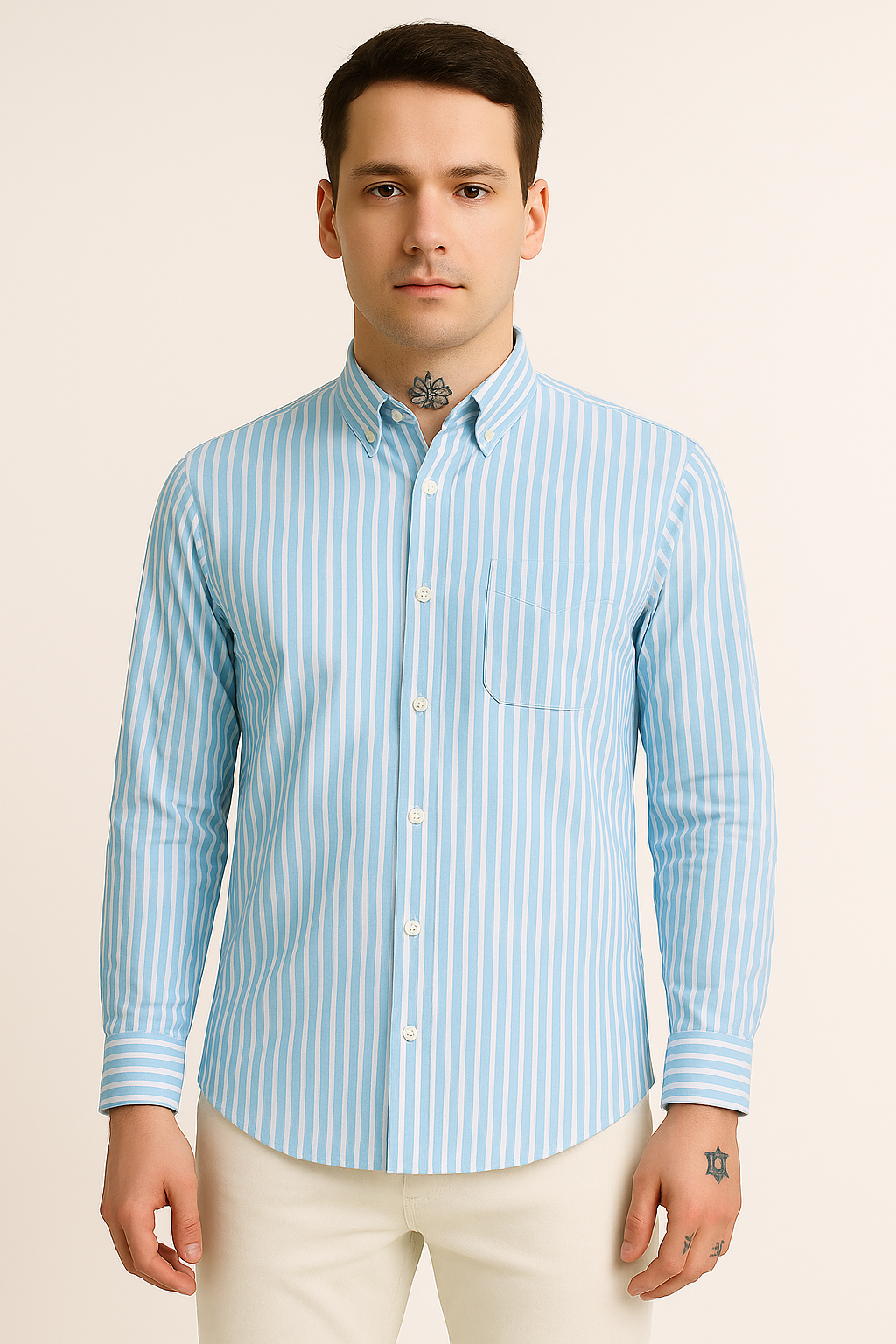 Blue Stripe Oxford-Style Cotton Shirt with Pocket