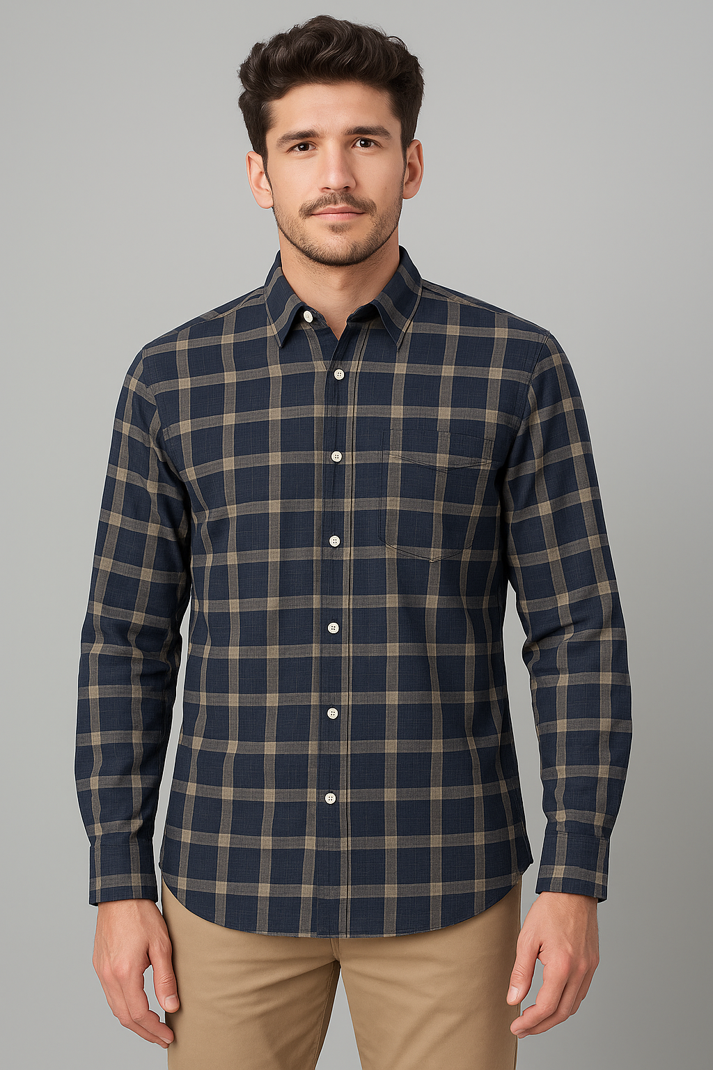 Navy and Beige Checkered Cotton Men's Modern Shirt