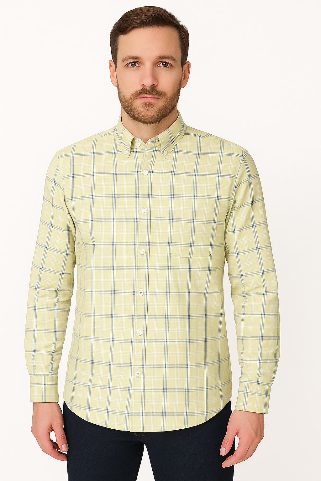 Casual Cotton Checked Men’s Shirt in Yellow with Regular Collar