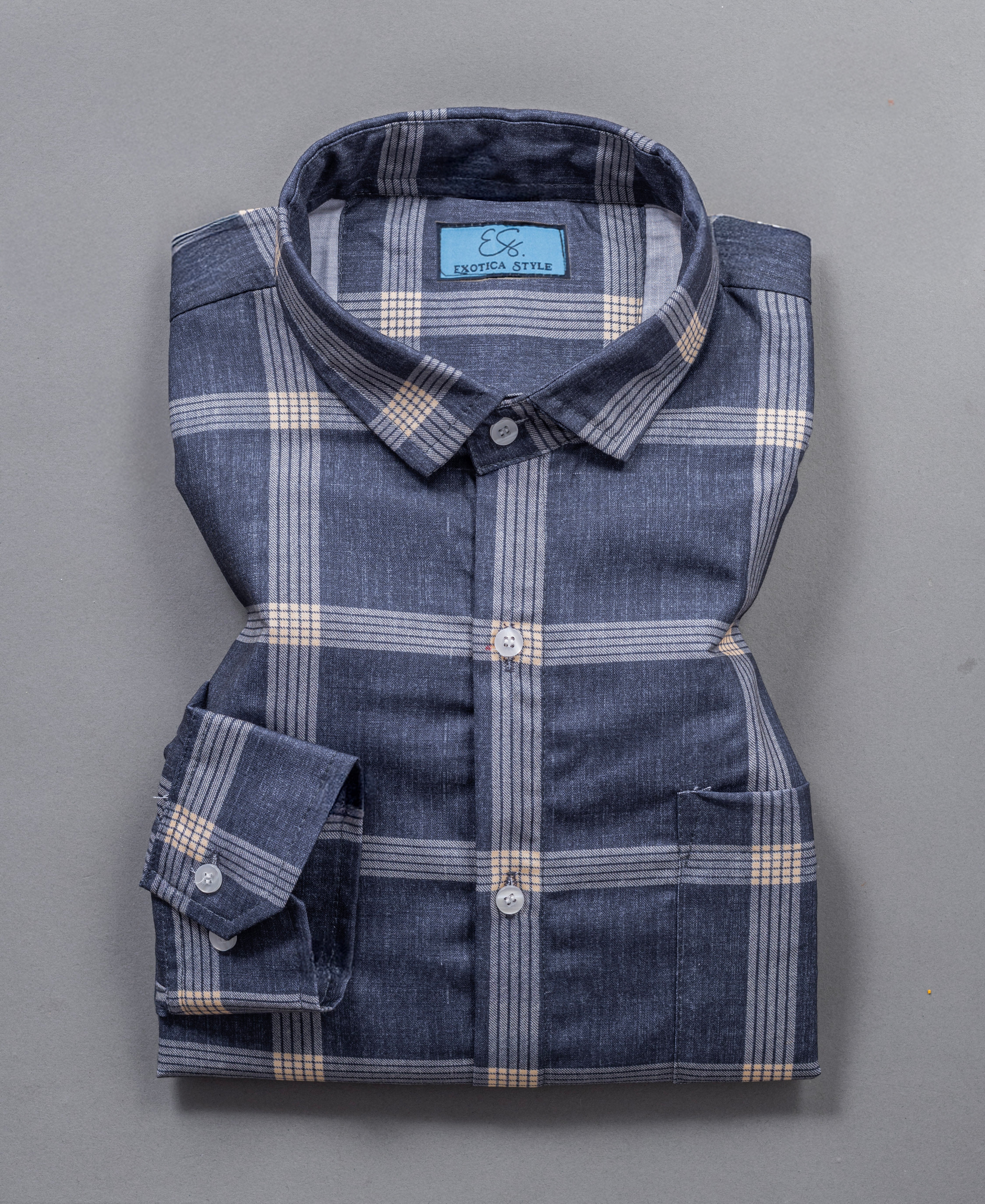 Navy and Beige Checkered Cotton Men's Modern Shirt
